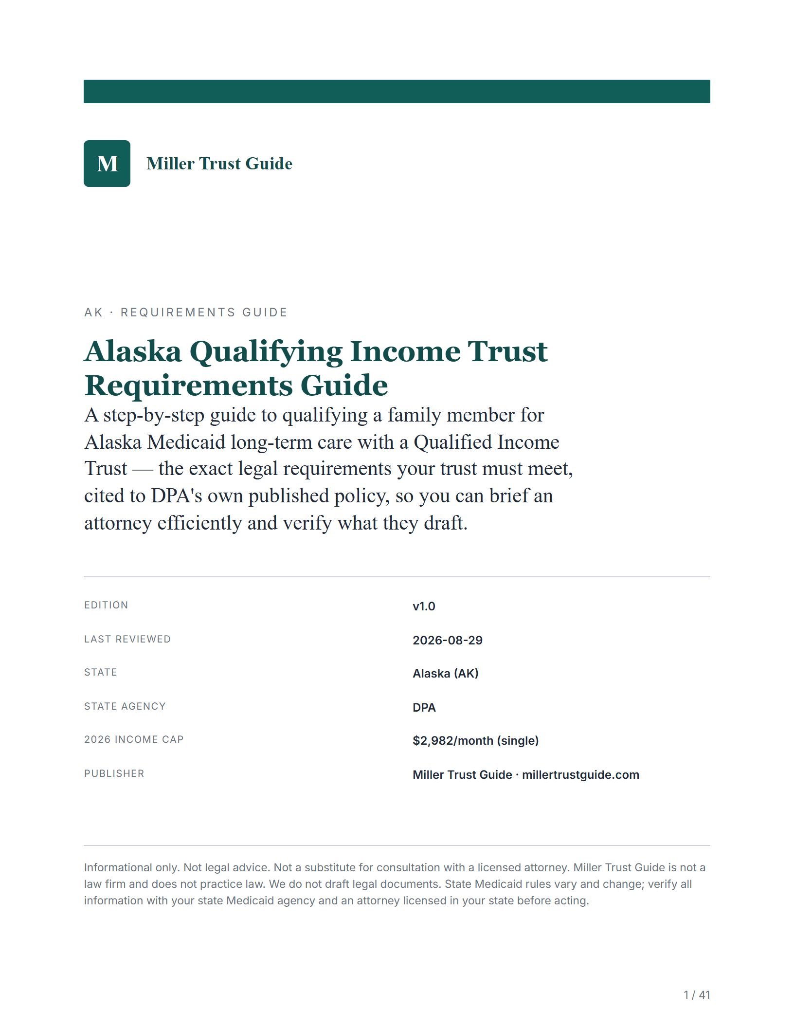 Cover & key facts — sample page from the Alaska Qualifying Income Trust guide