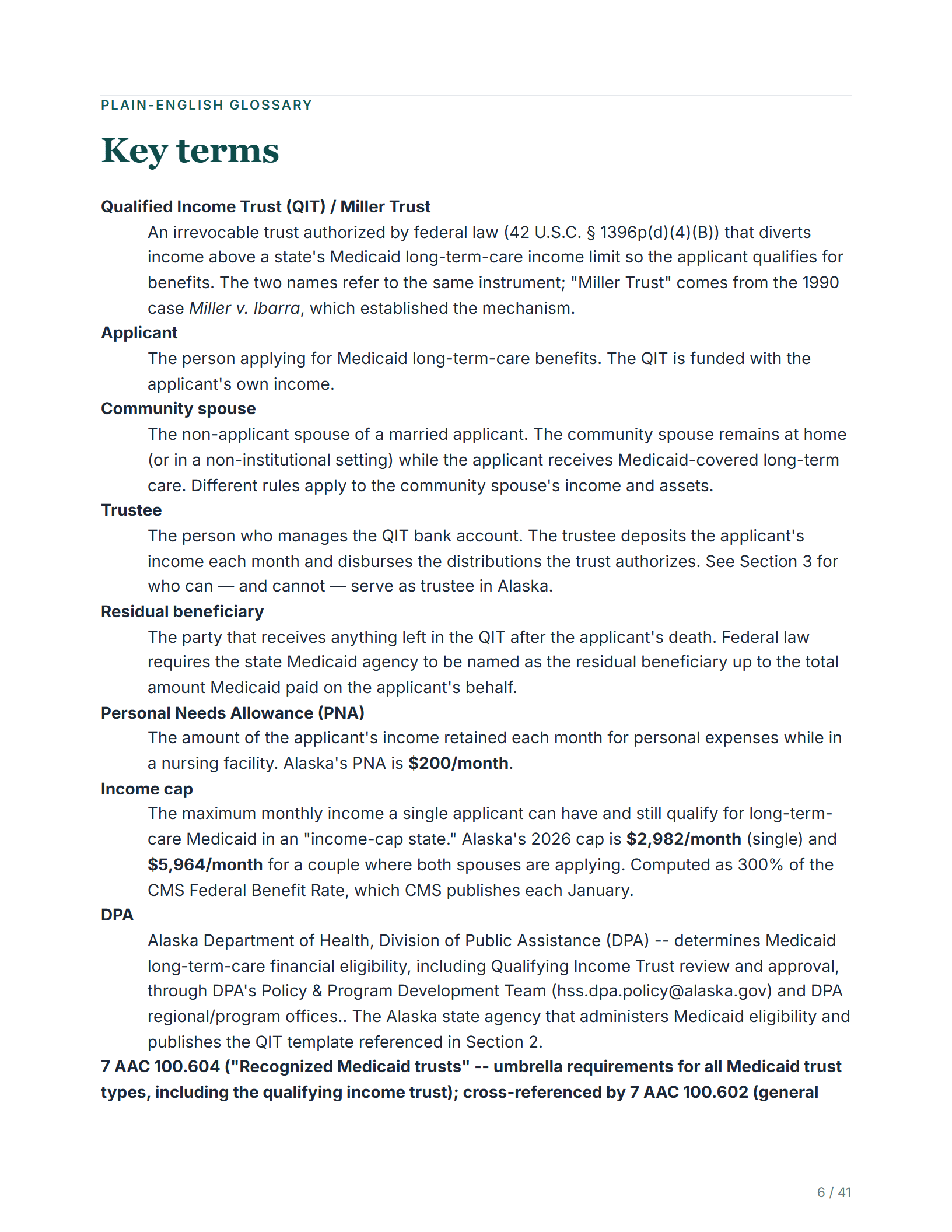 Plain-English glossary — sample page from the Alaska Qualifying Income Trust guide