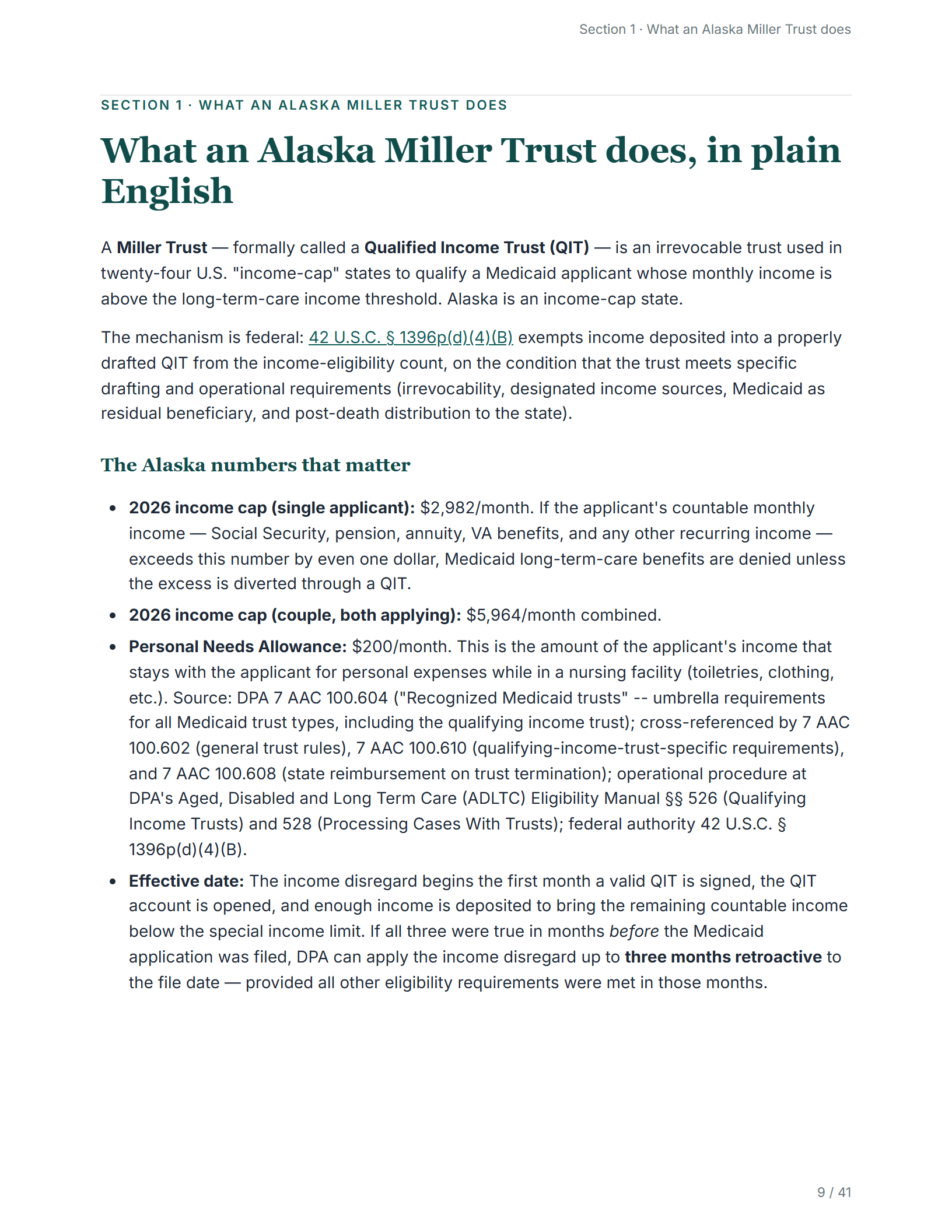 What it does, in plain English — sample page from the Alaska Qualifying Income Trust guide