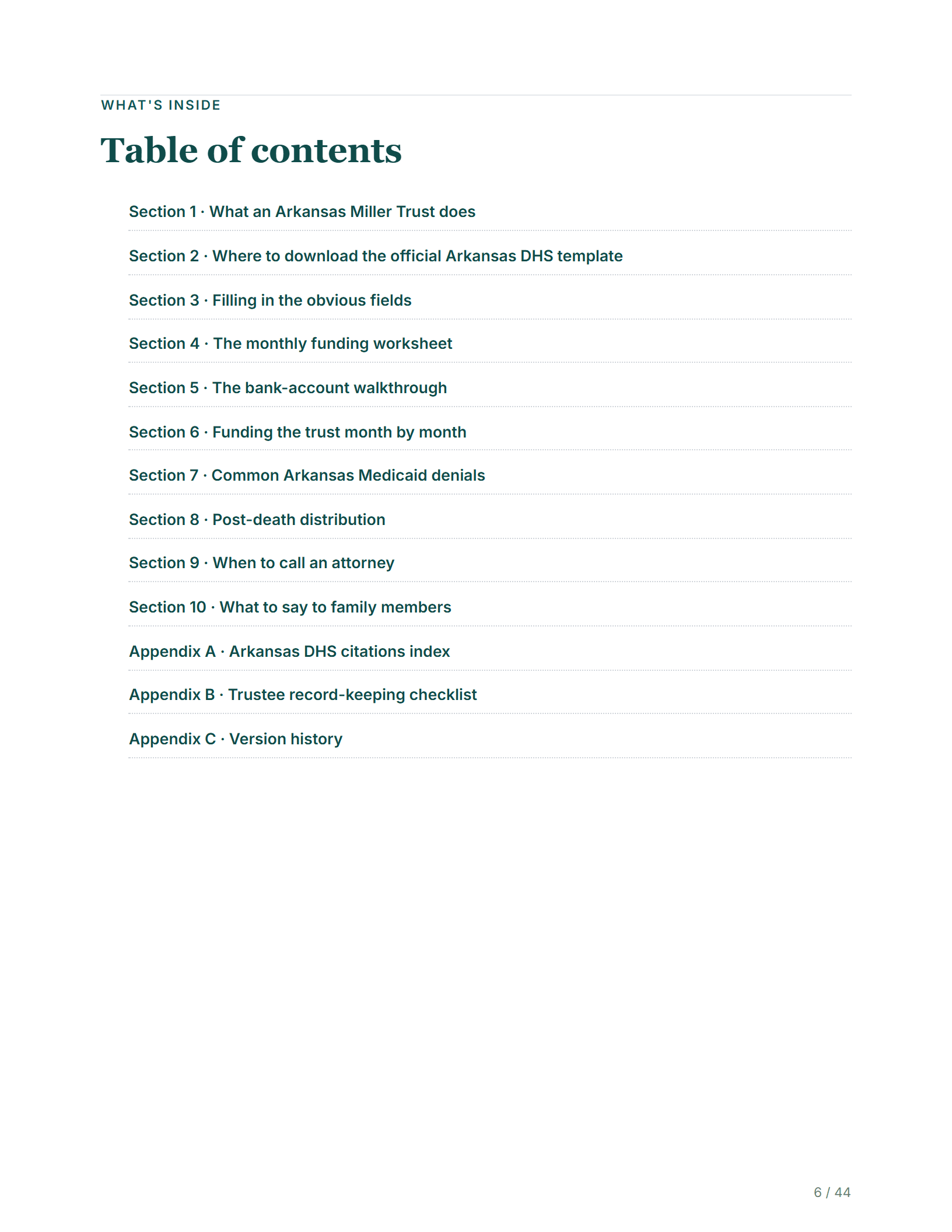 Table of contents — sample page from the Arkansas Income Trust kit
