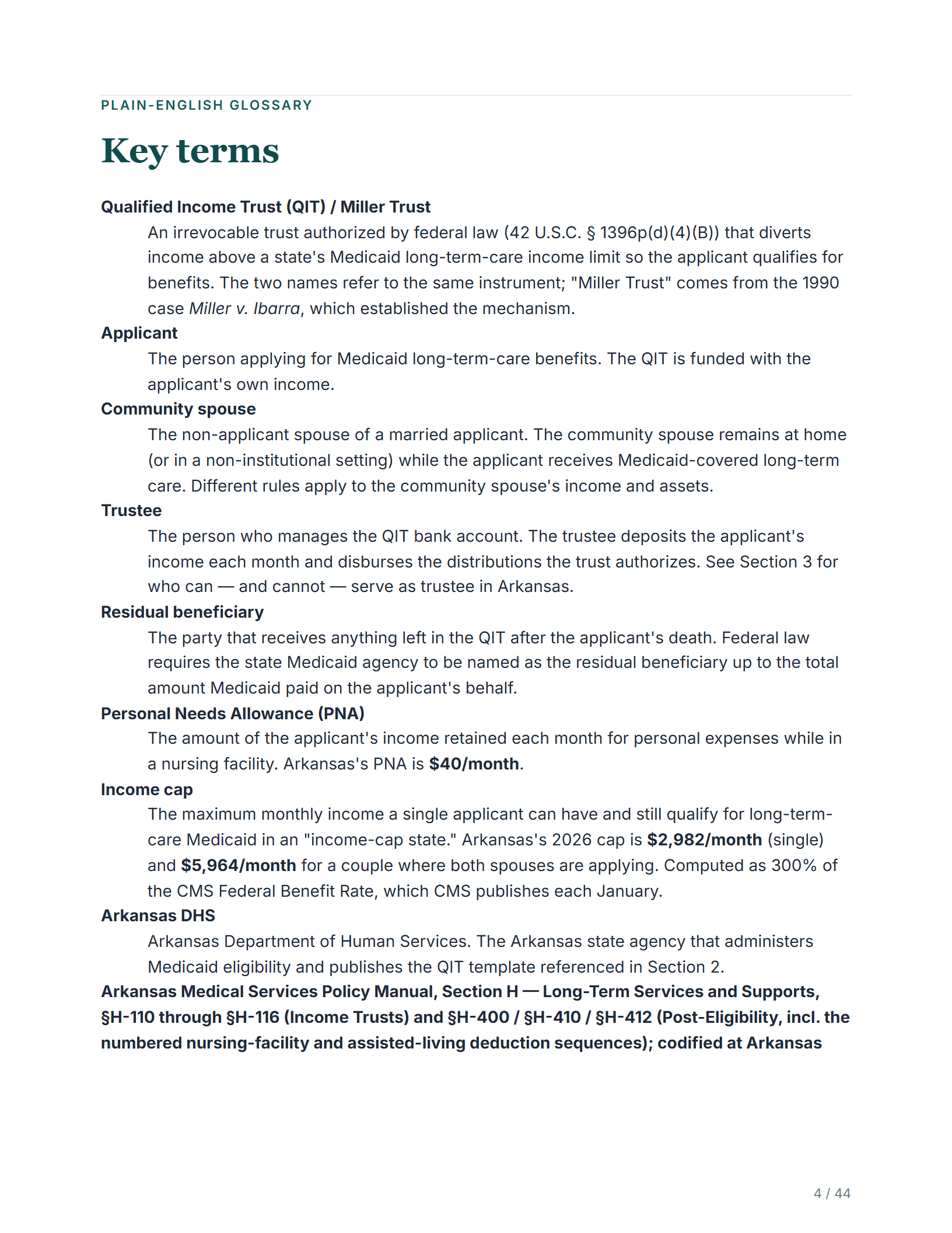 Plain-English glossary — sample page from the Arkansas Income Trust kit