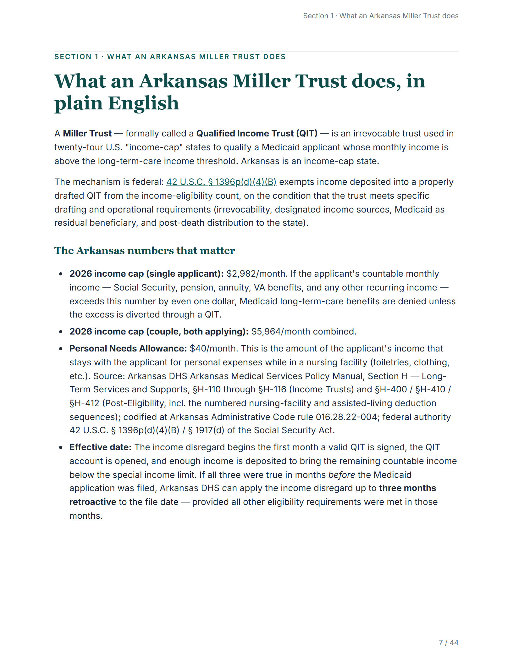 What it does, in plain English — sample page from the Arkansas Income Trust kit