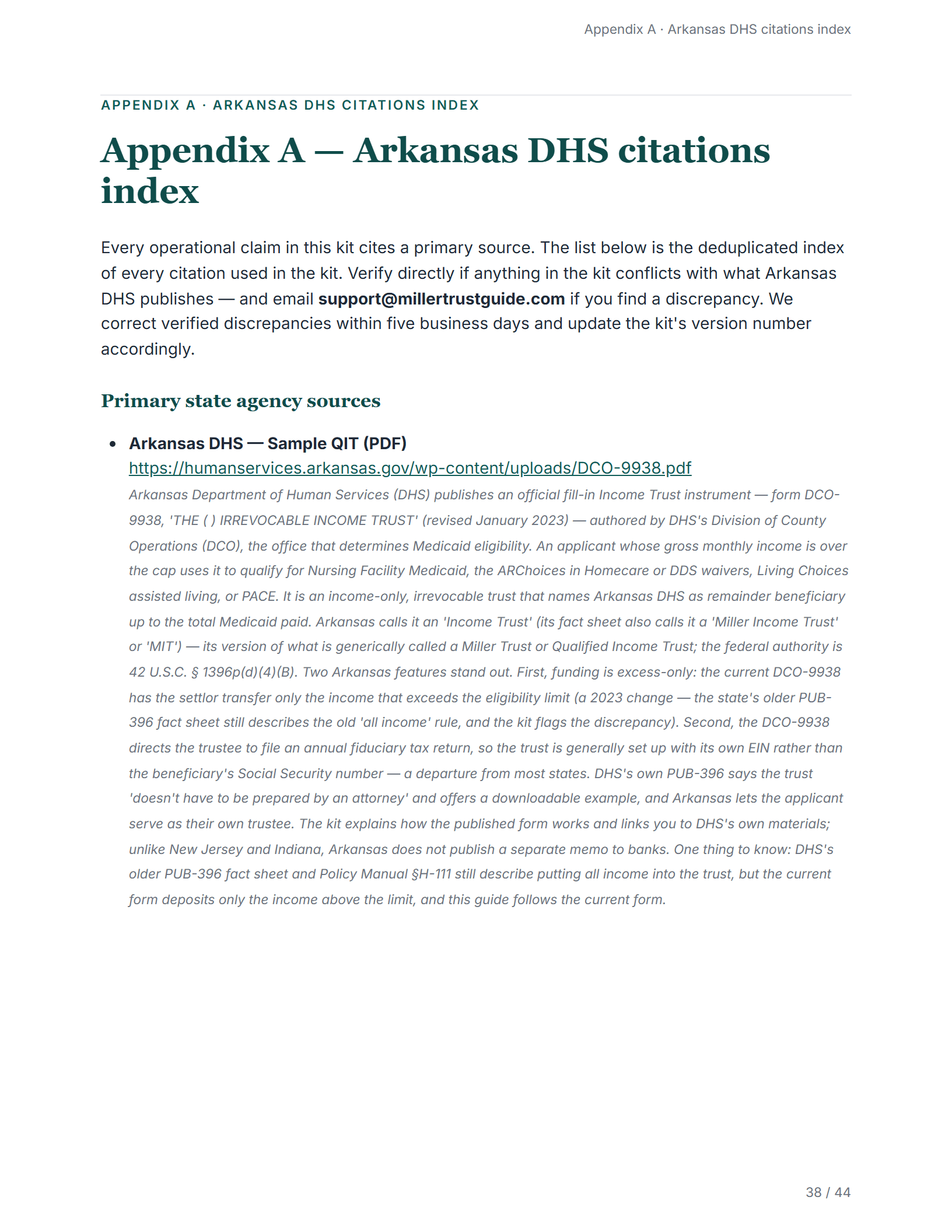 Citations index — sample page from the Arkansas Income Trust kit