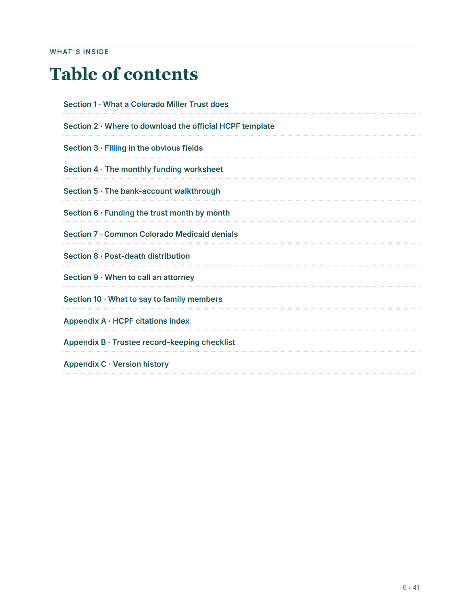 Table of contents — sample page from the Colorado Income Trust kit