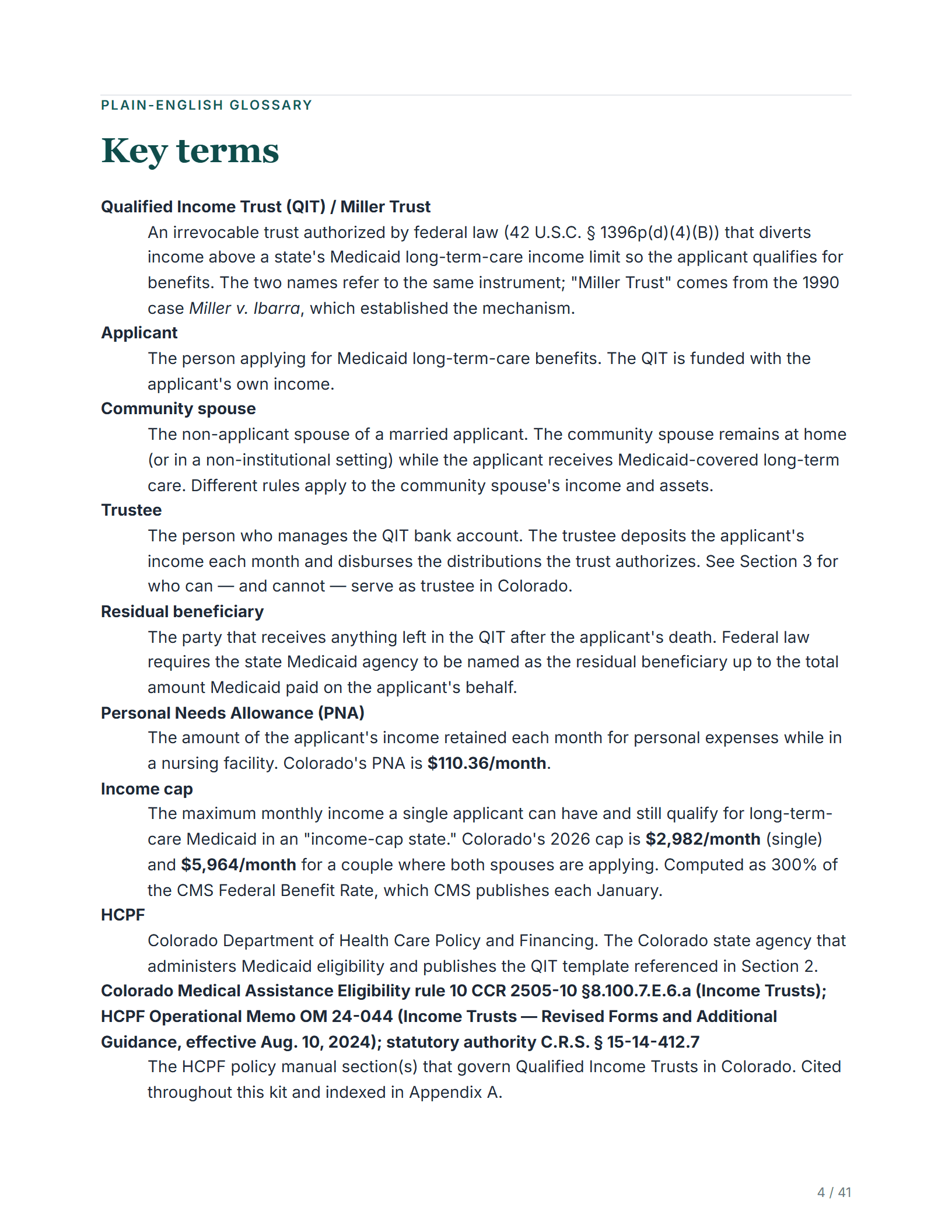 Plain-English glossary — sample page from the Colorado Income Trust kit