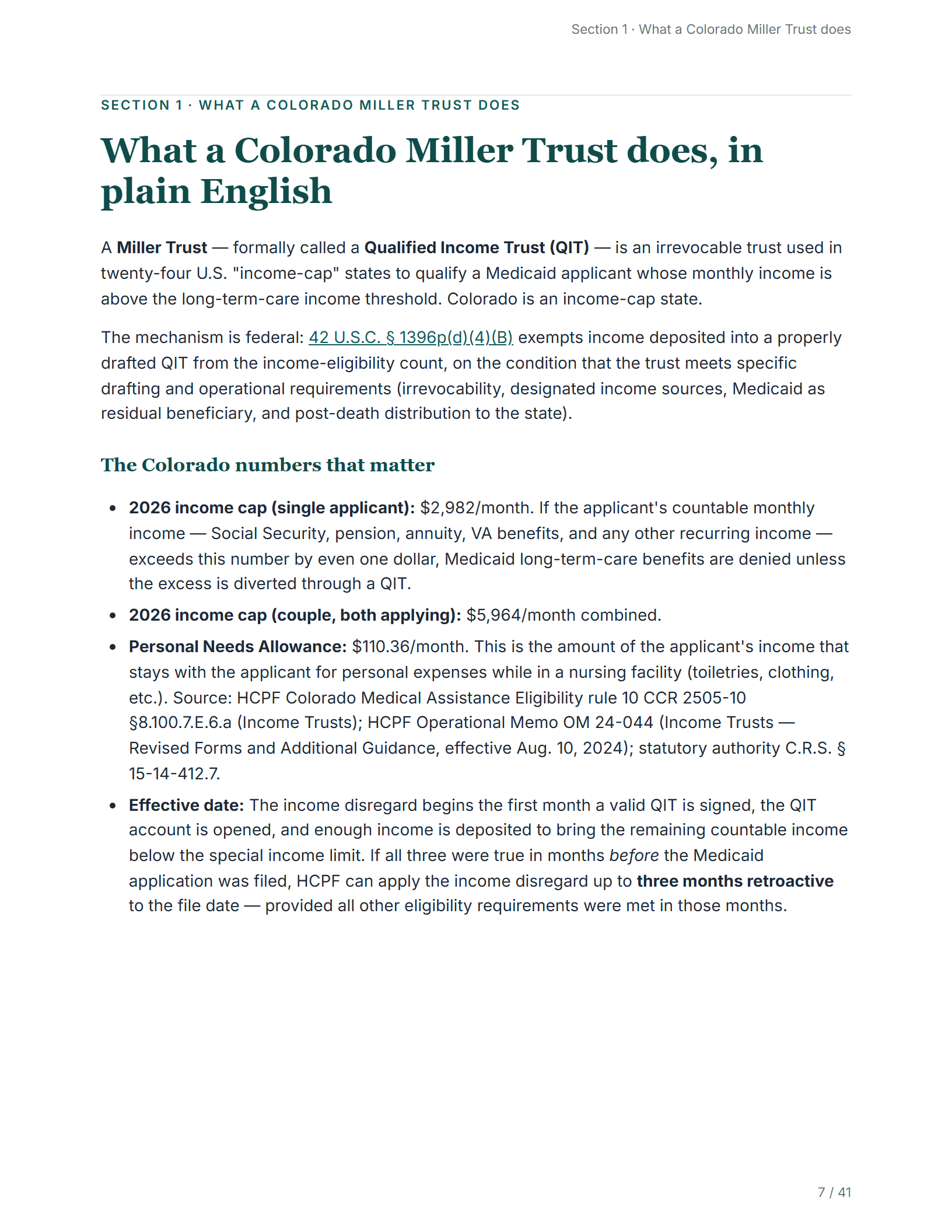 What it does, in plain English — sample page from the Colorado Income Trust kit
