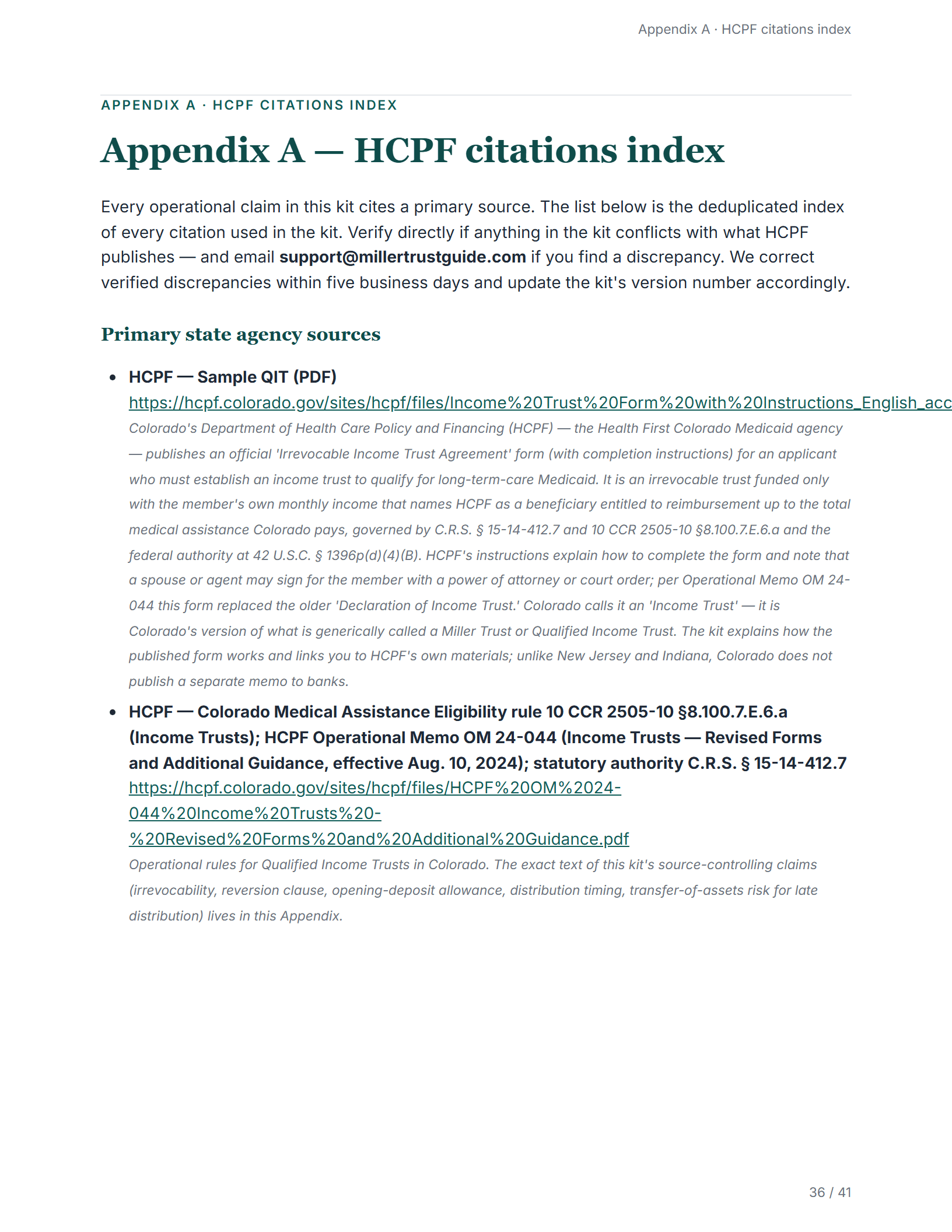 Citations index — sample page from the Colorado Income Trust kit