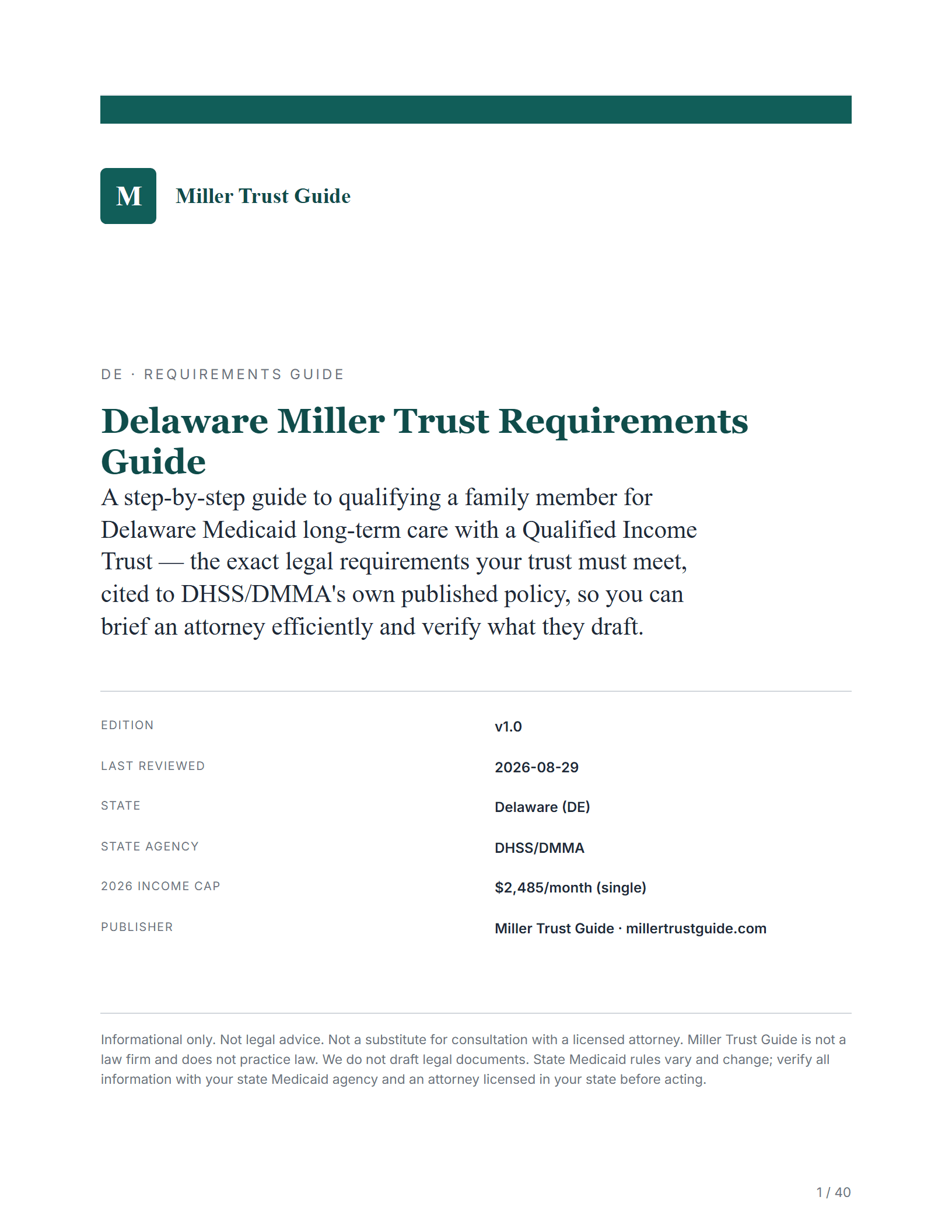 Cover & key facts — sample page from the Delaware Miller Trust guide