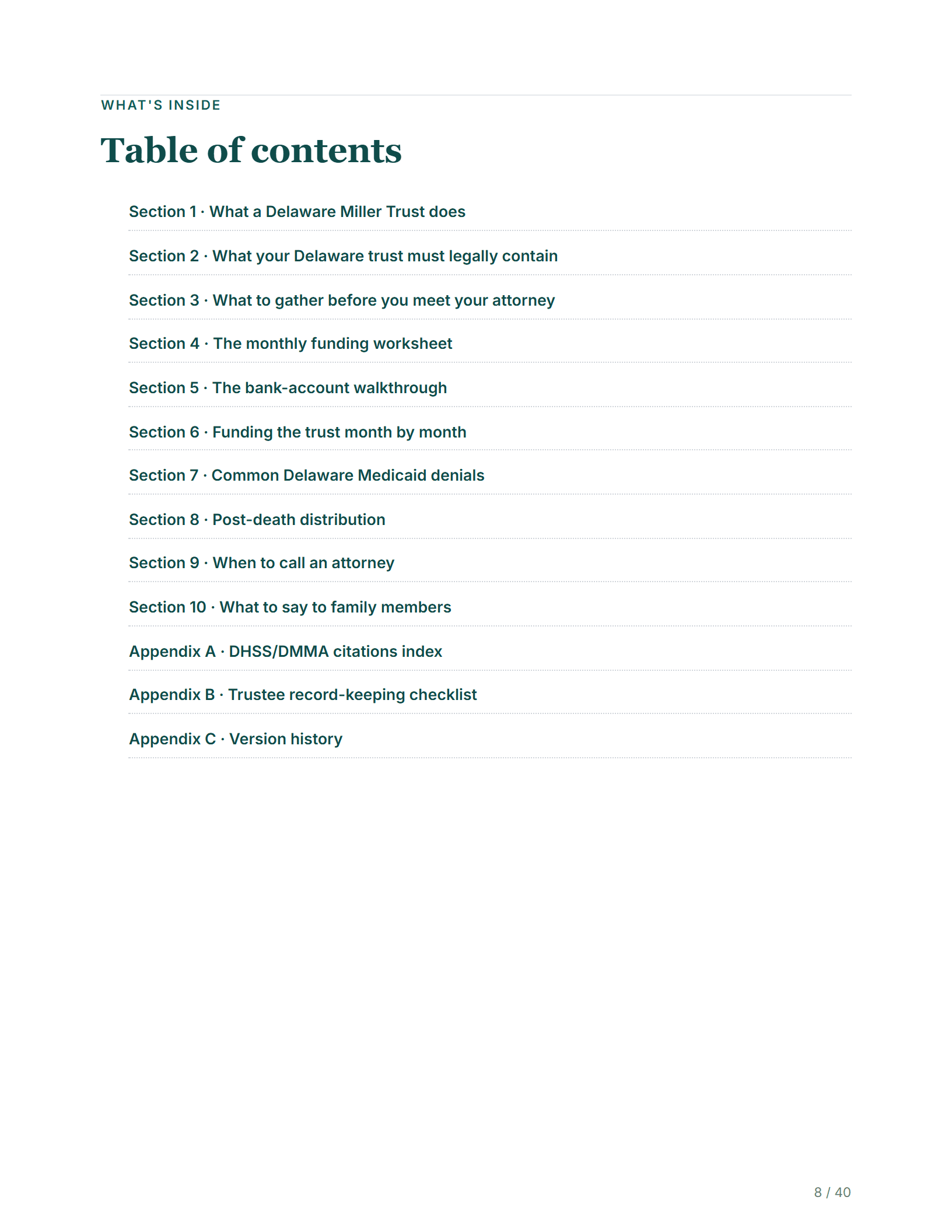 Table of contents — sample page from the Delaware Miller Trust guide