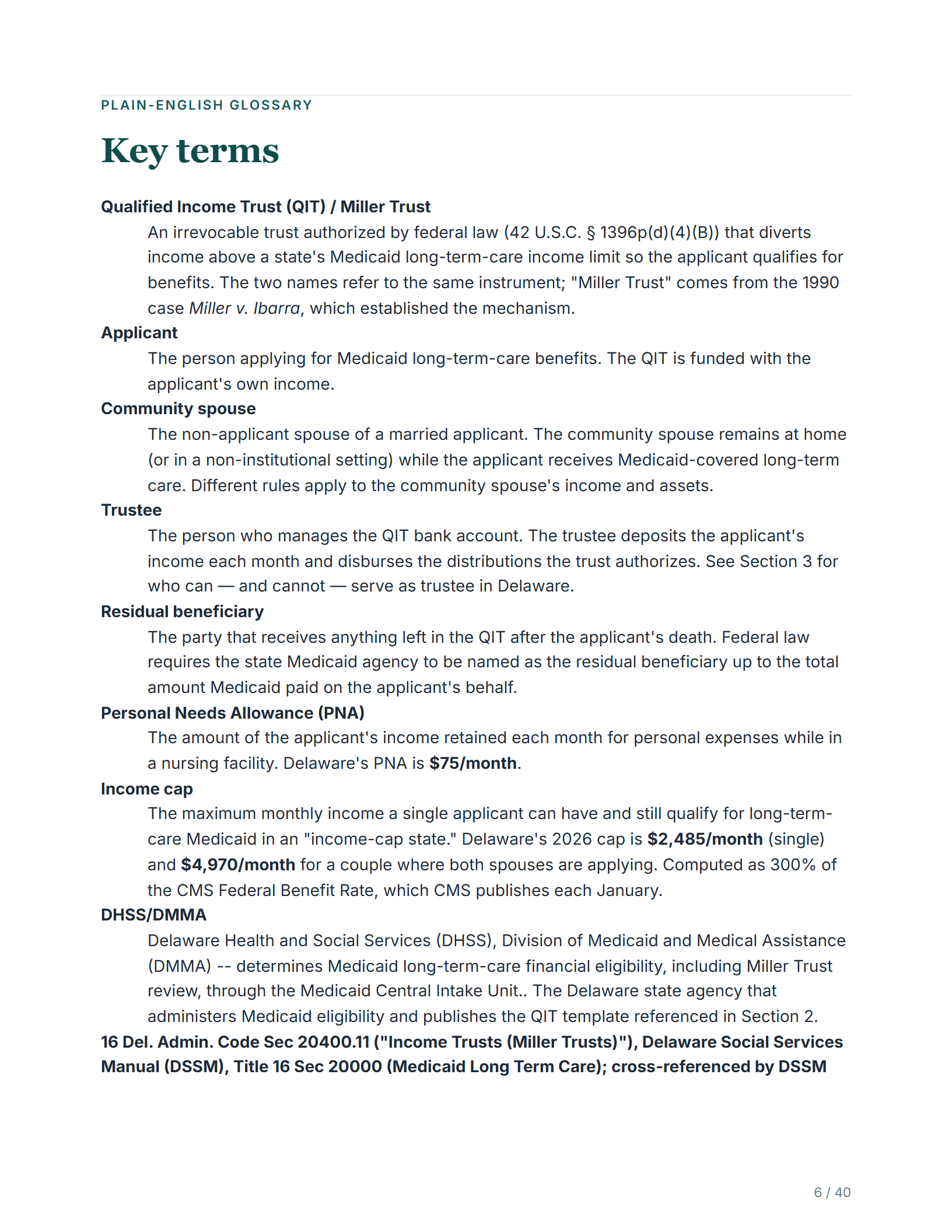 Plain-English glossary — sample page from the Delaware Miller Trust guide