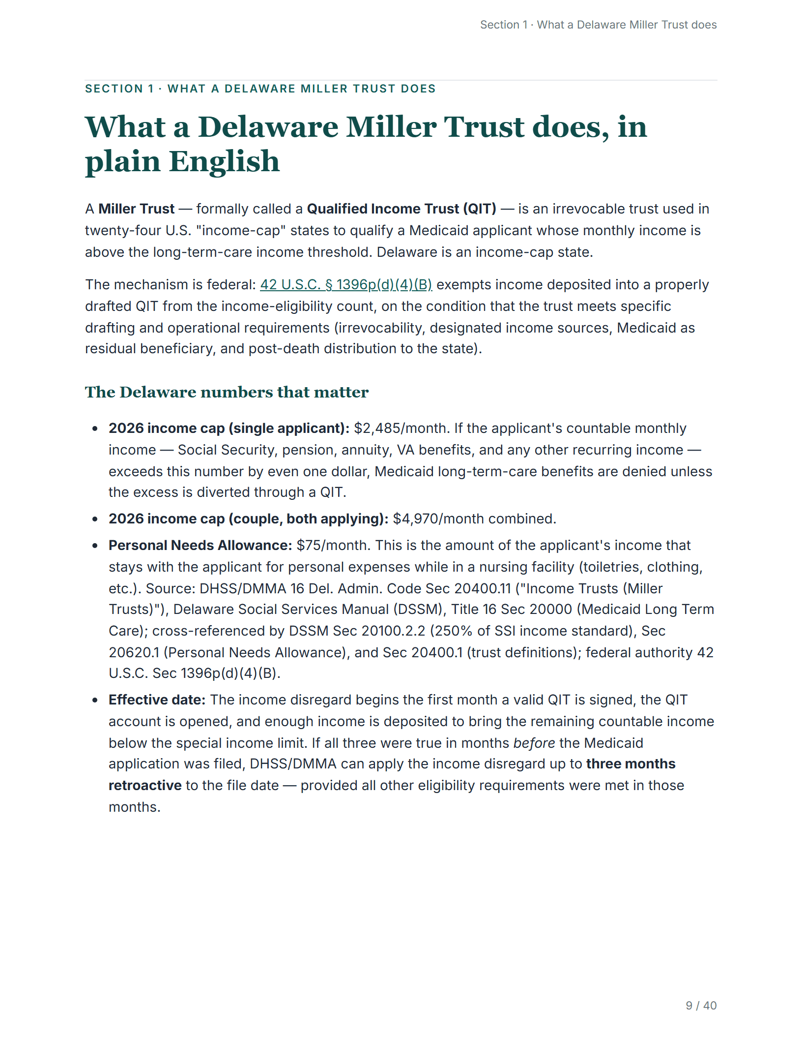 What it does, in plain English — sample page from the Delaware Miller Trust guide
