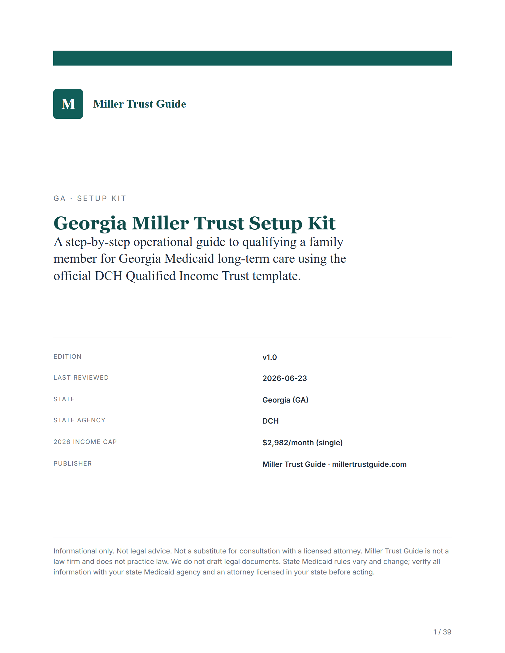 Cover & key facts — sample page from the Georgia Qualified Income Trust kit