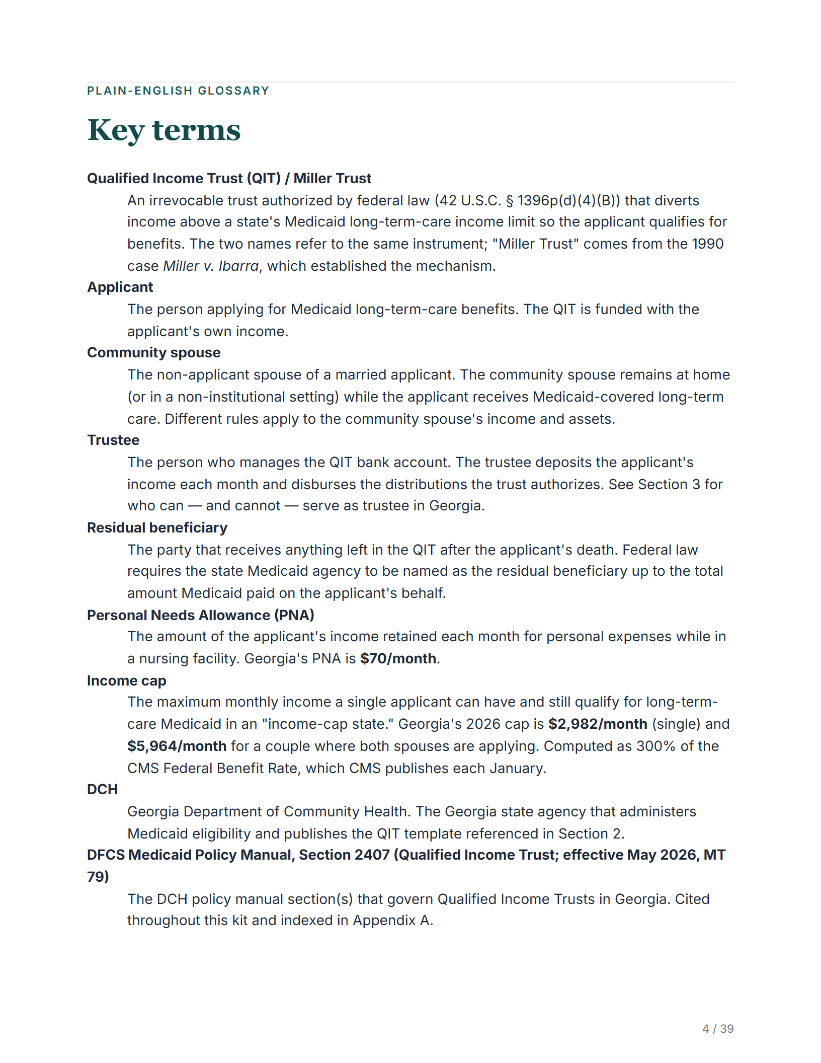 Plain-English glossary — sample page from the Georgia Qualified Income Trust kit