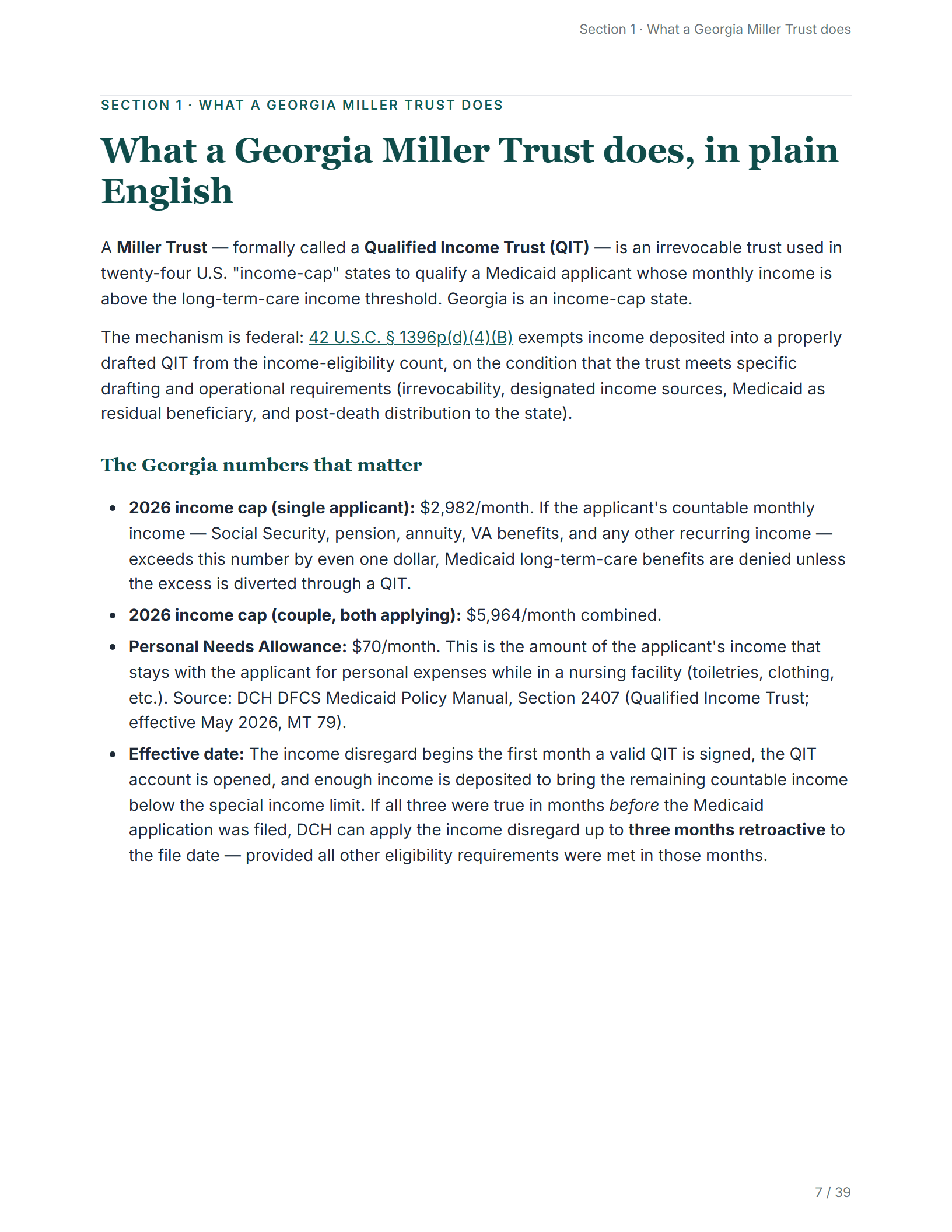 What it does, in plain English — sample page from the Georgia Qualified Income Trust kit