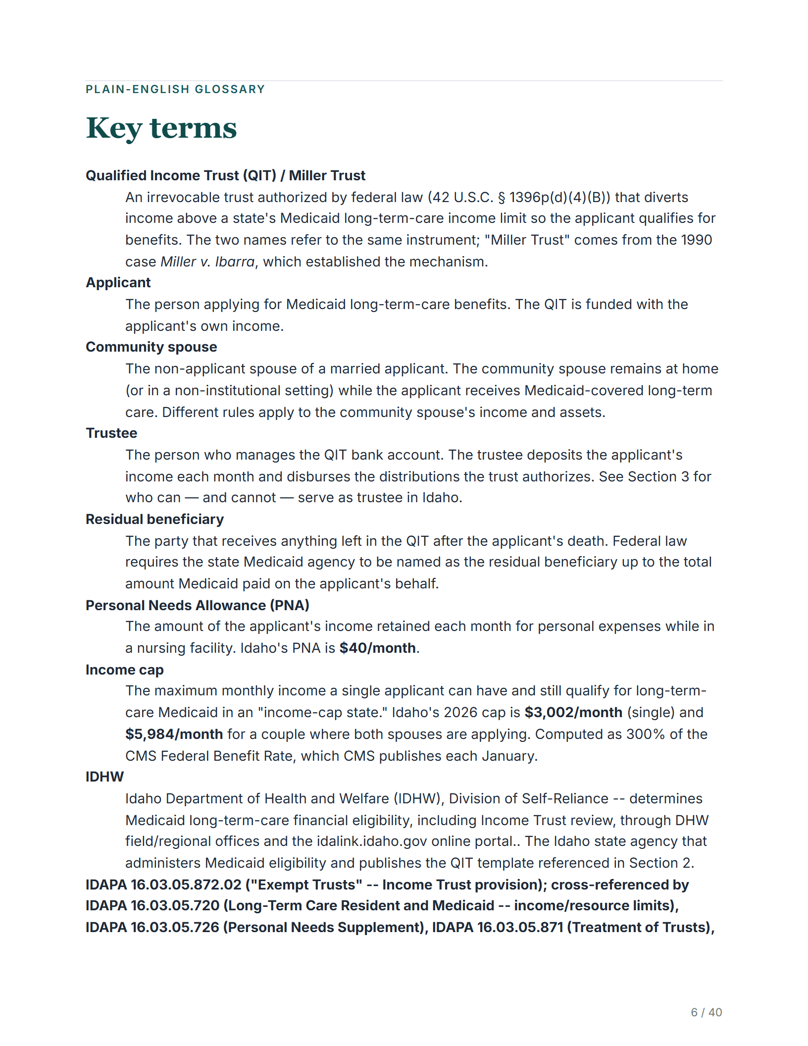 Plain-English glossary — sample page from the Idaho Income Trust guide