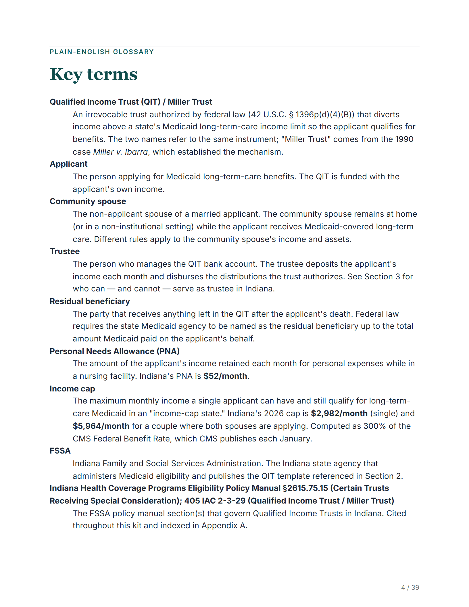 Plain-English glossary — sample page from the Indiana Miller Trust kit