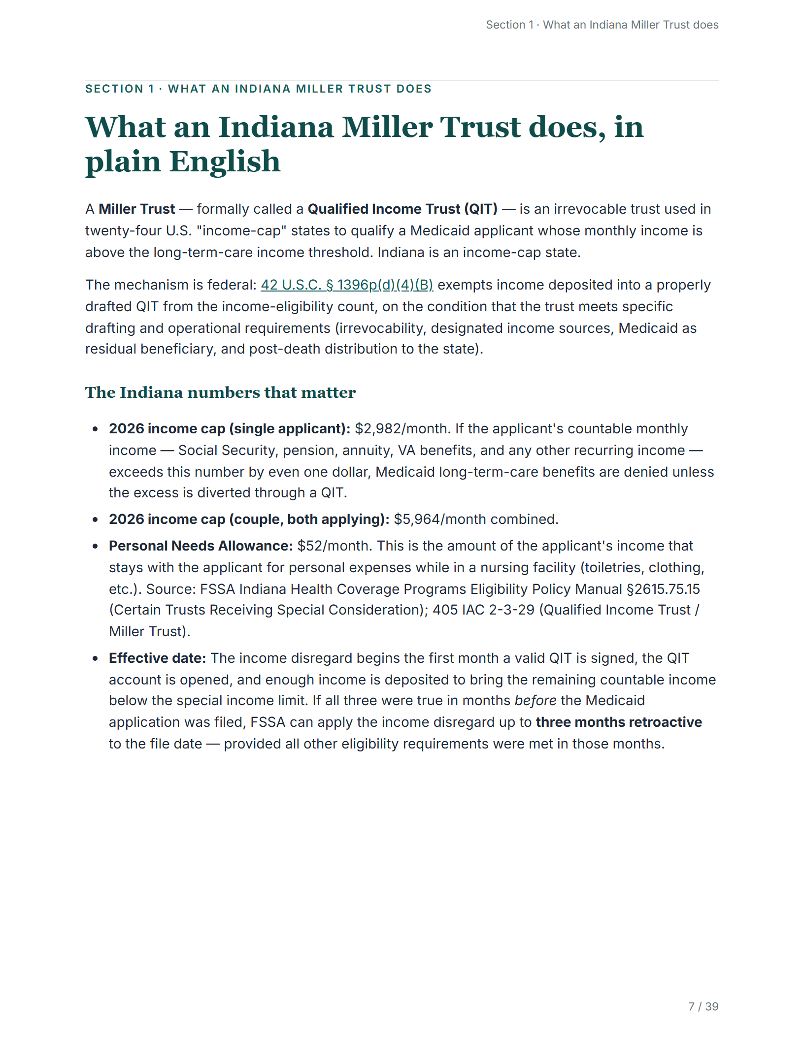 What it does, in plain English — sample page from the Indiana Miller Trust kit