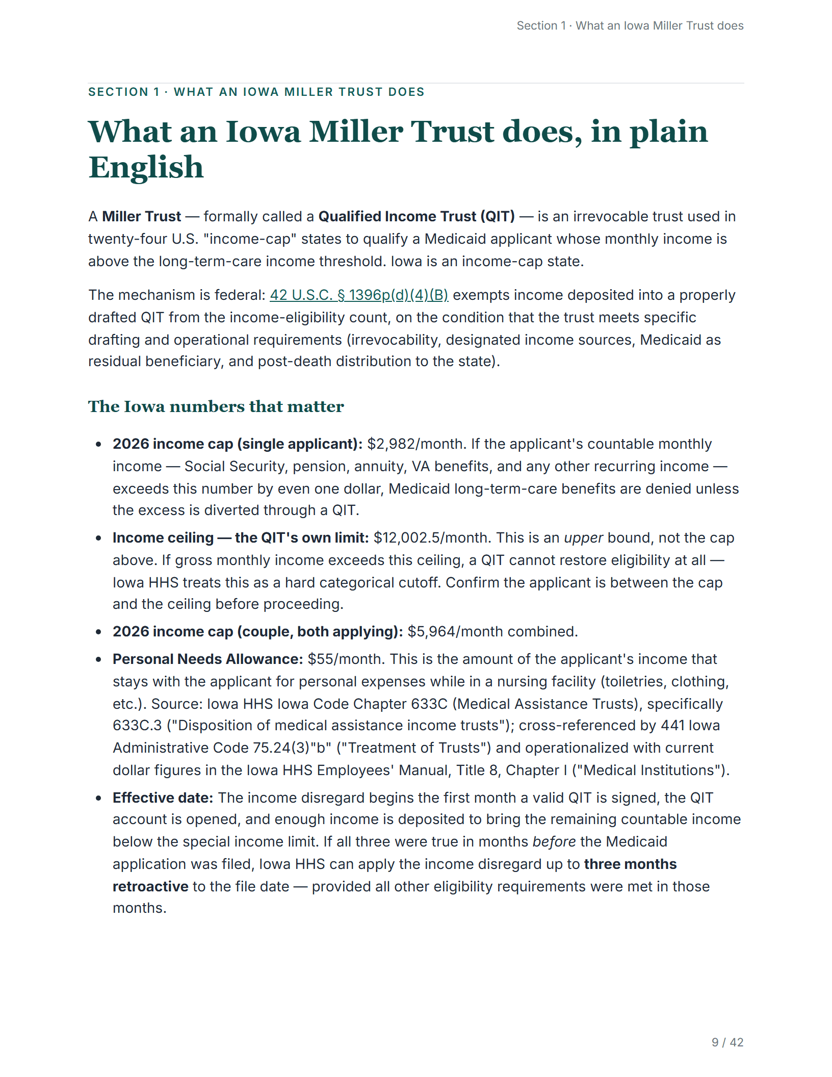 What it does, in plain English — sample page from the Iowa Medical Assistance Income Trust guide