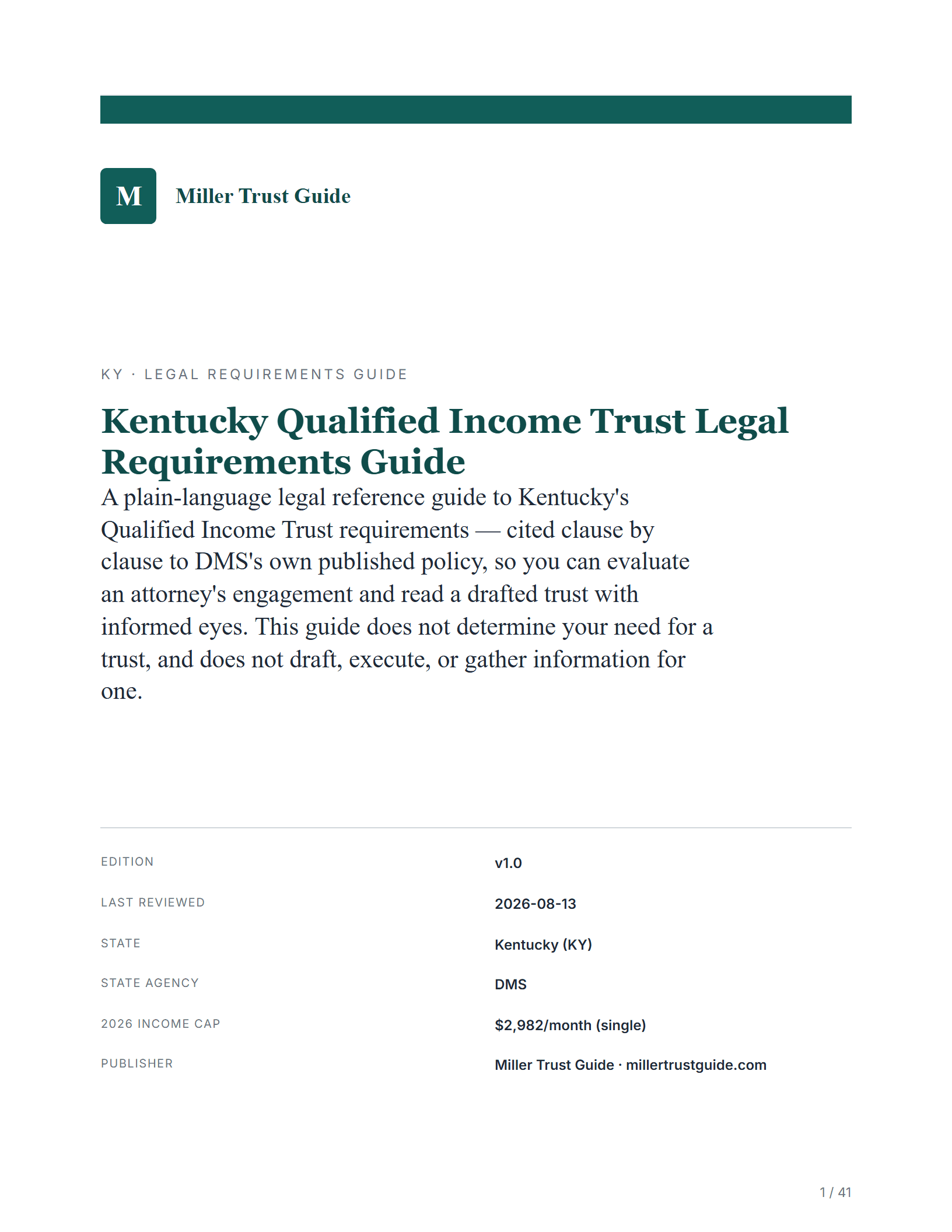 Cover & key facts — sample page from the Kentucky Qualifying Income Trust guide