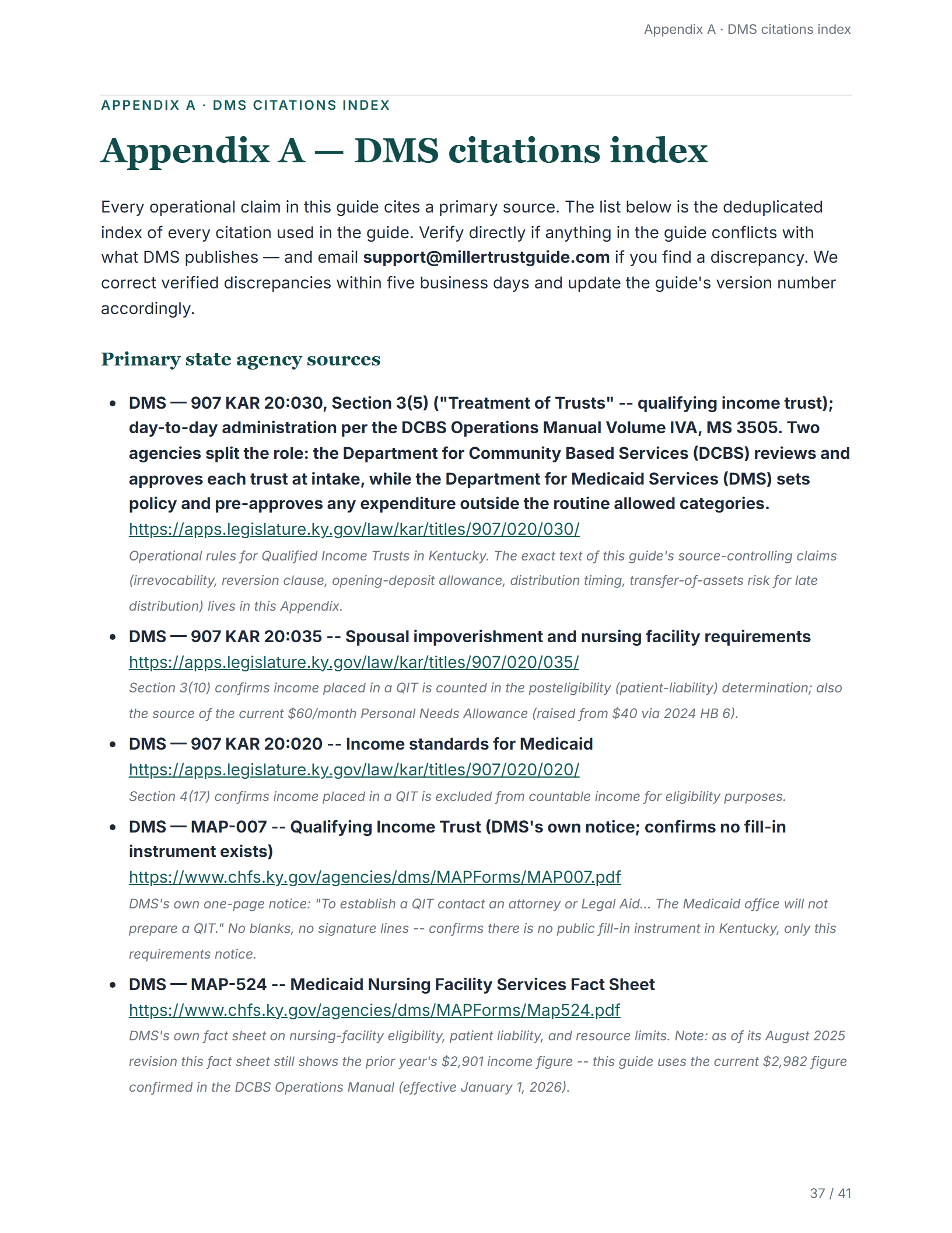 Citations index — sample page from the Kentucky Qualifying Income Trust guide