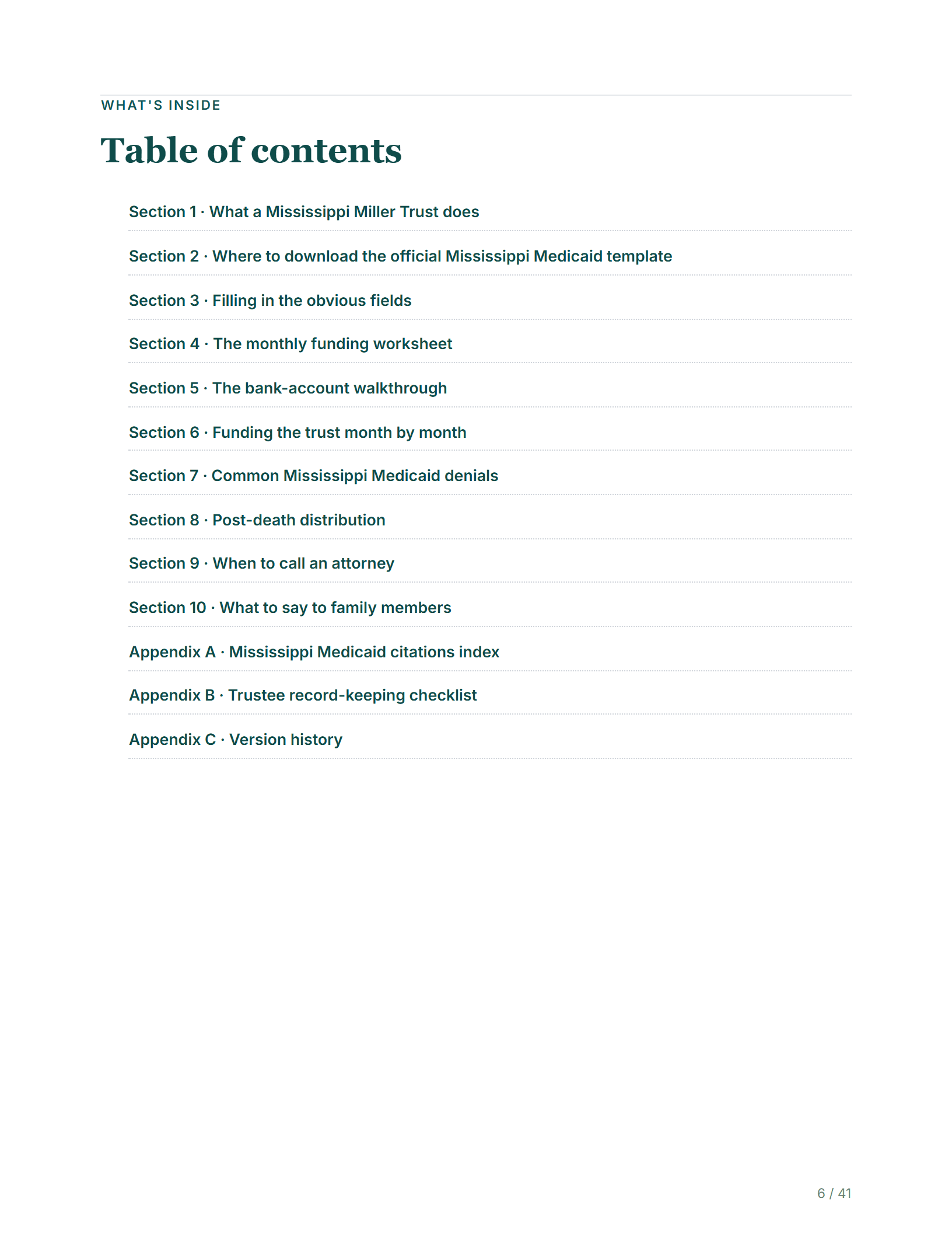 Table of contents — sample page from the Mississippi Income Trust kit