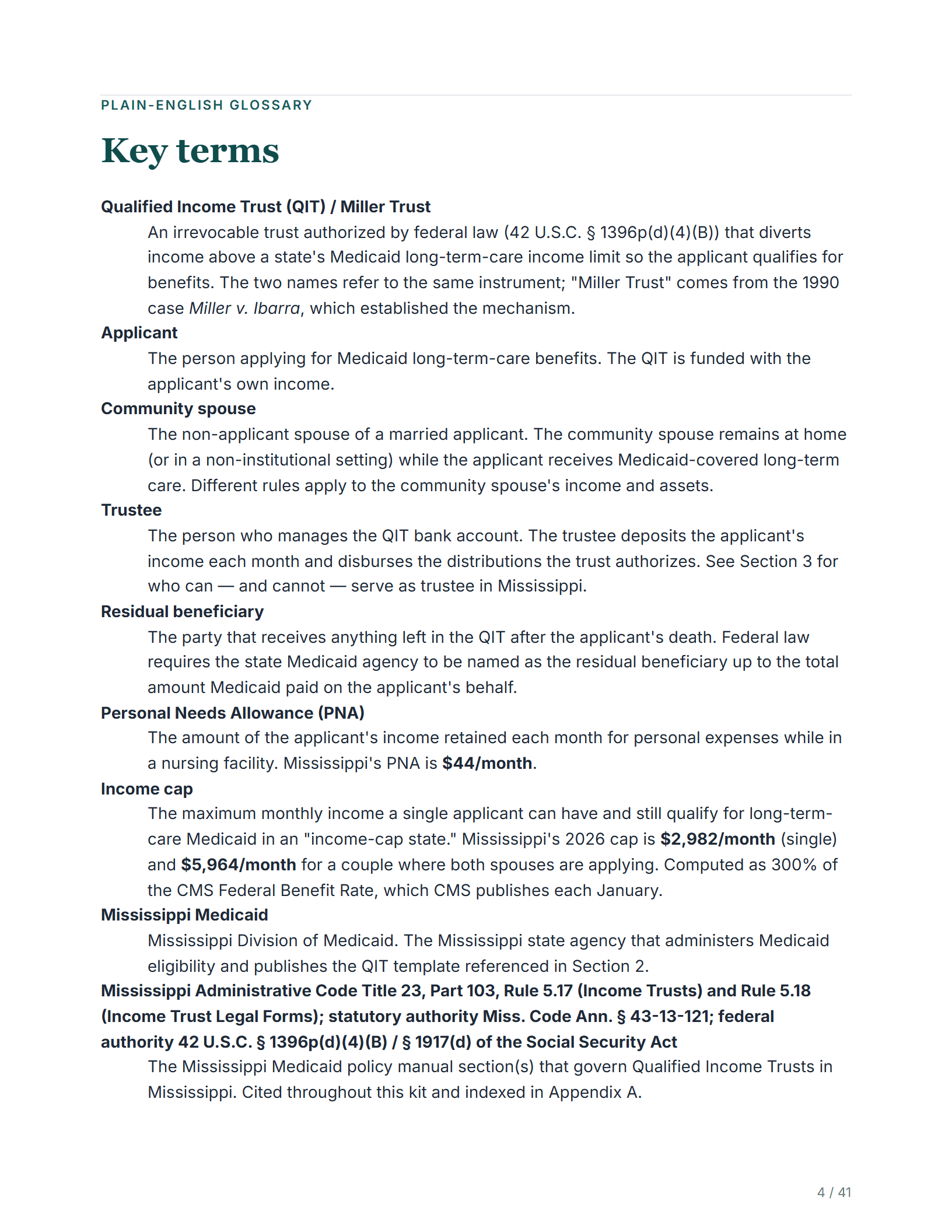 Plain-English glossary — sample page from the Mississippi Income Trust kit