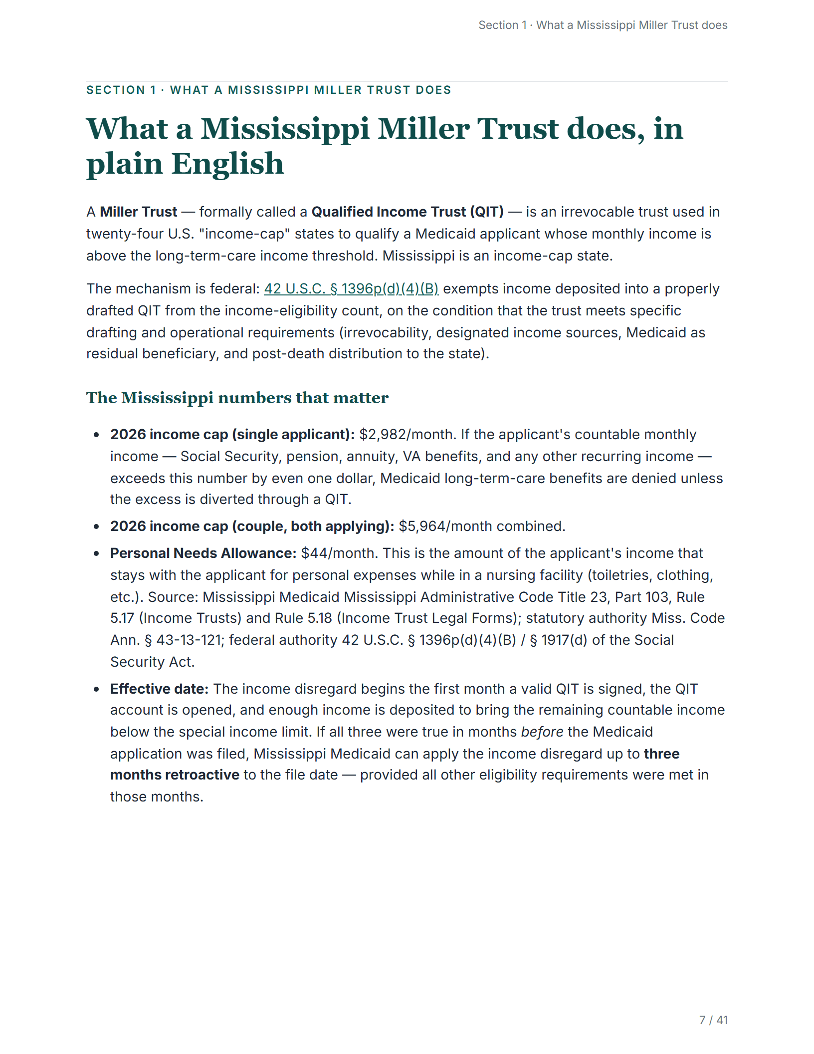 What it does, in plain English — sample page from the Mississippi Income Trust kit
