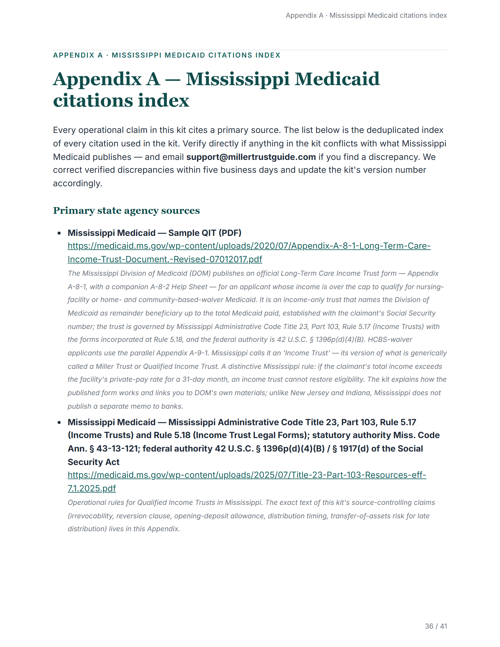 Citations index — sample page from the Mississippi Income Trust kit