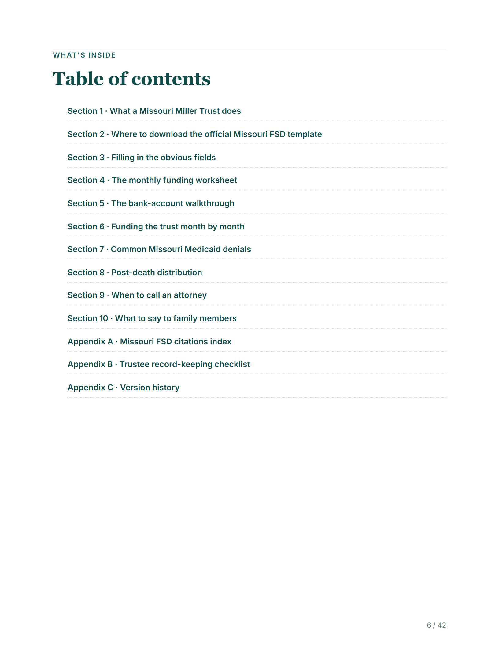 Table of contents — sample page from the Missouri Qualified Income Trust kit