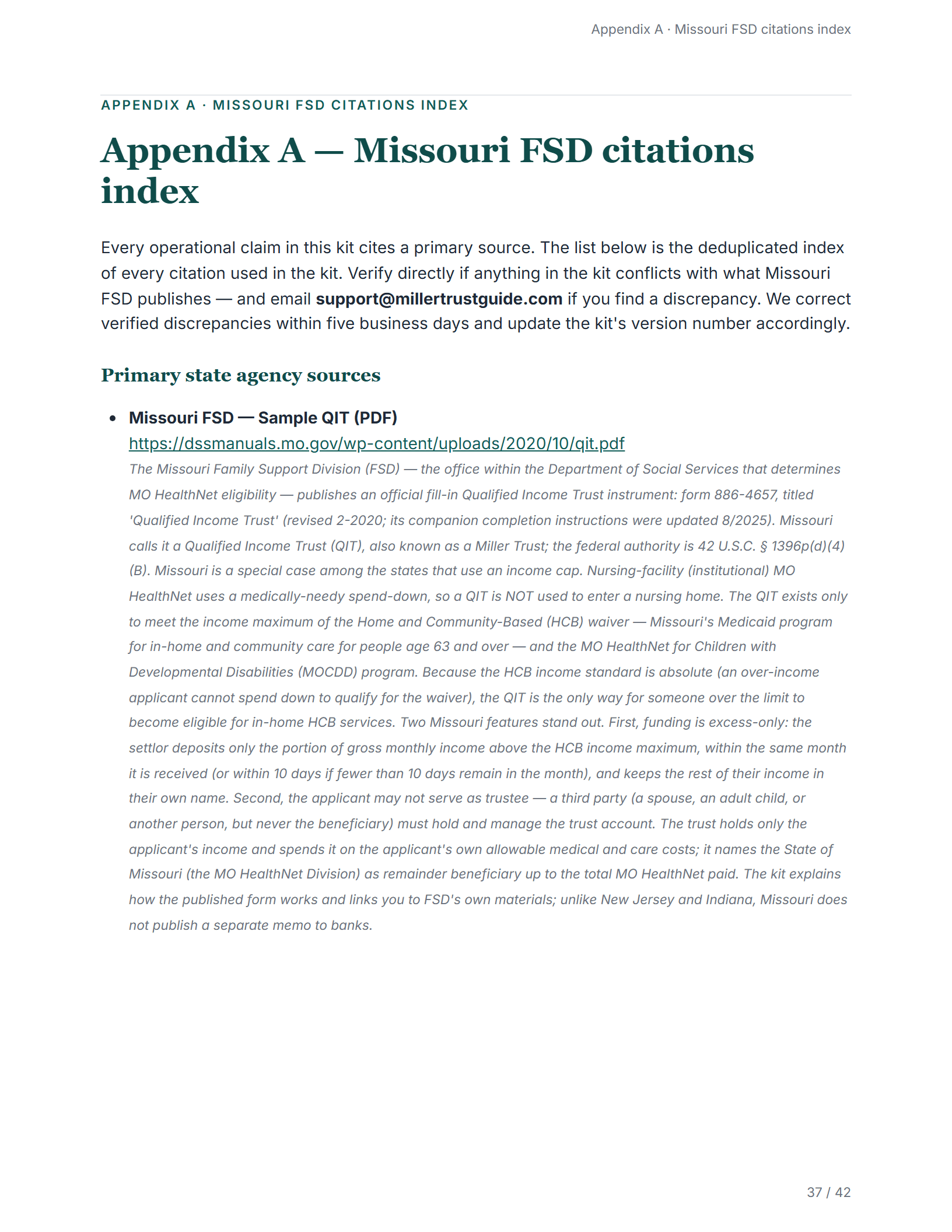 Citations index — sample page from the Missouri Qualified Income Trust kit