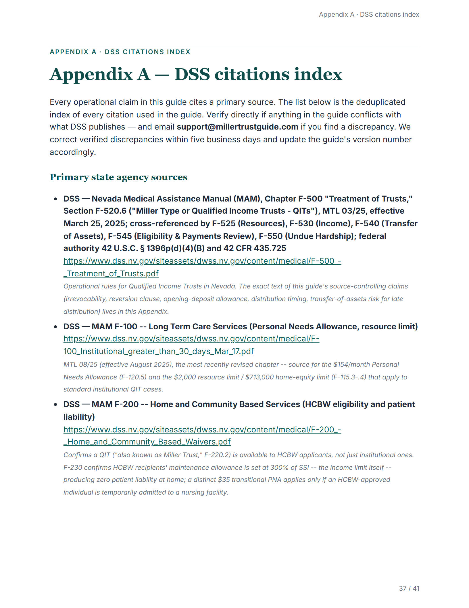Citations index — sample page from the Nevada Qualified Income Trust guide