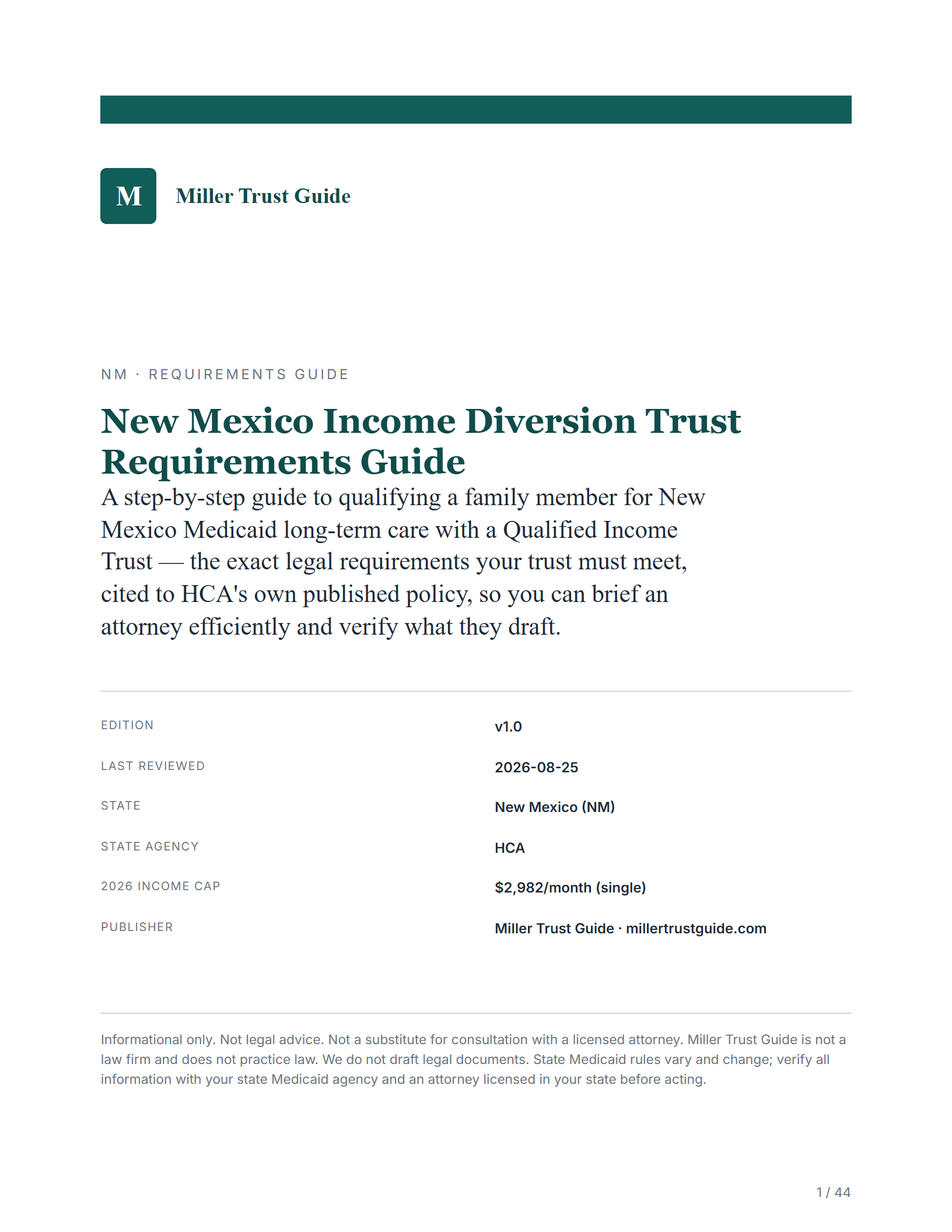 Cover & key facts — sample page from the New Mexico Income Diversion Trust guide