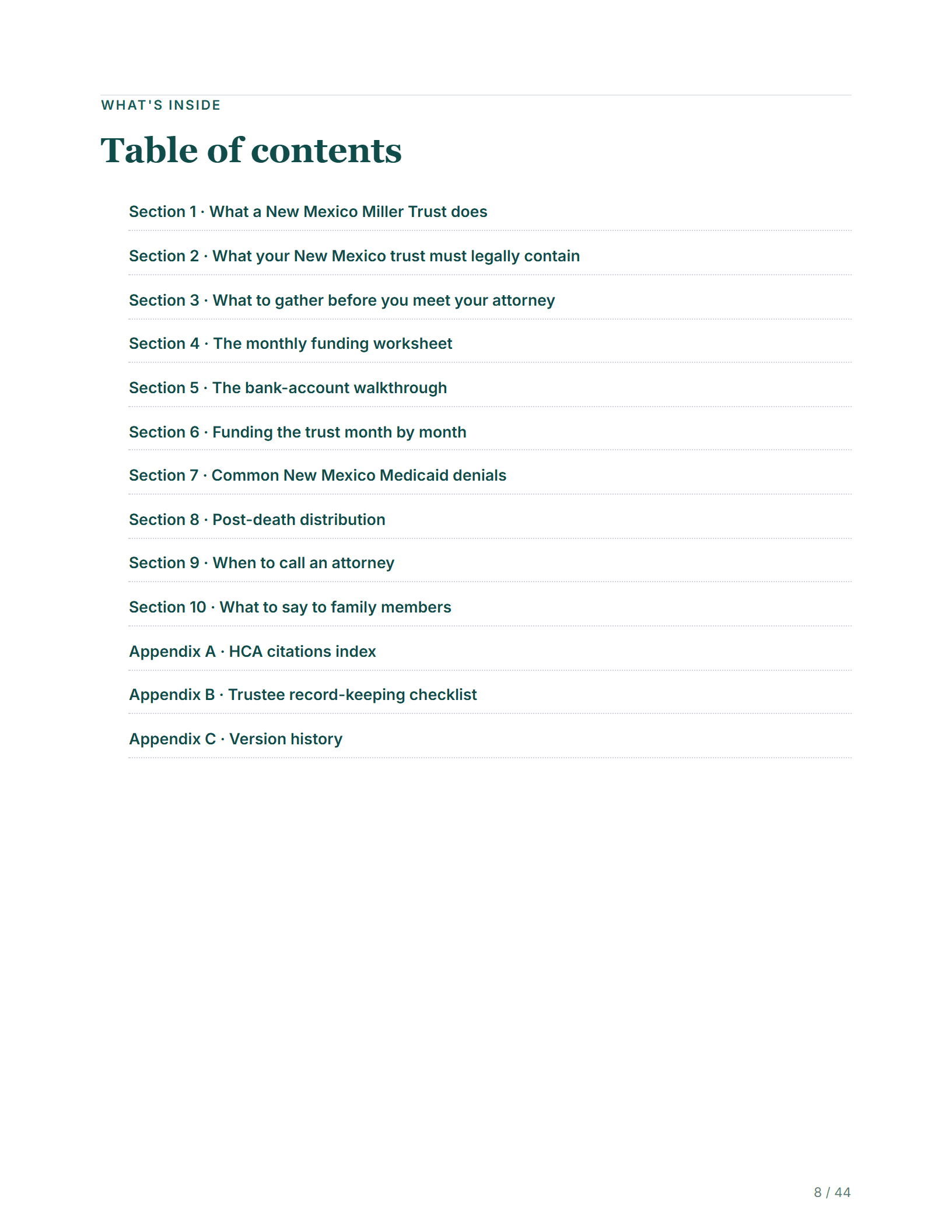 Table of contents — sample page from the New Mexico Income Diversion Trust guide