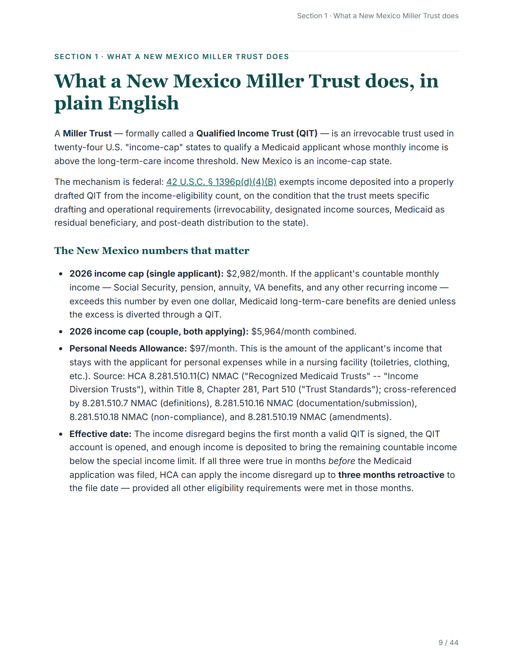 What it does, in plain English — sample page from the New Mexico Income Diversion Trust guide