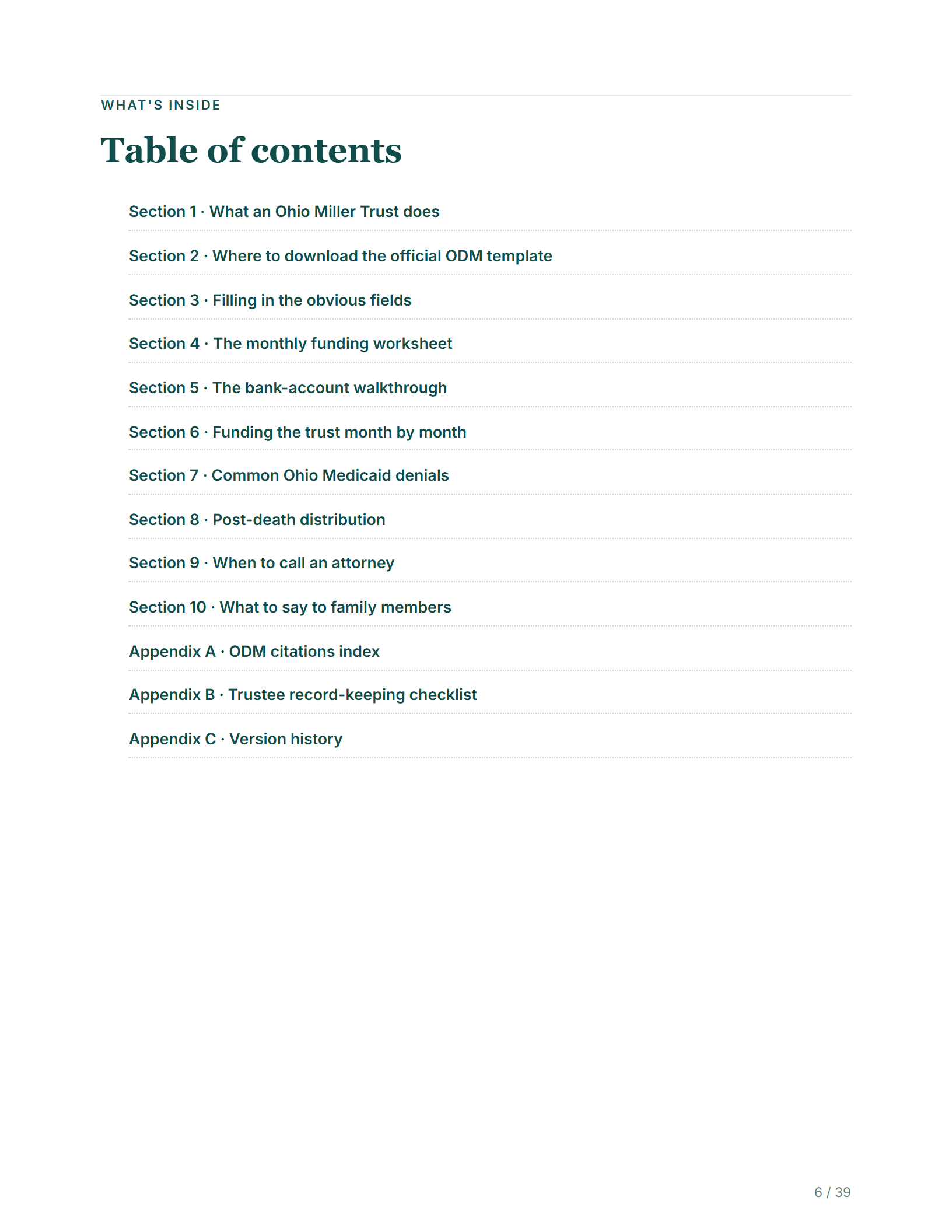 Table of contents — sample page from the Ohio Miller Trust kit