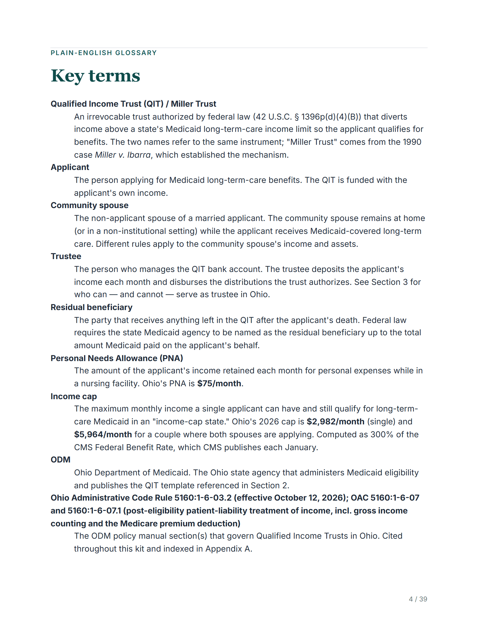 Plain-English glossary — sample page from the Ohio Miller Trust kit
