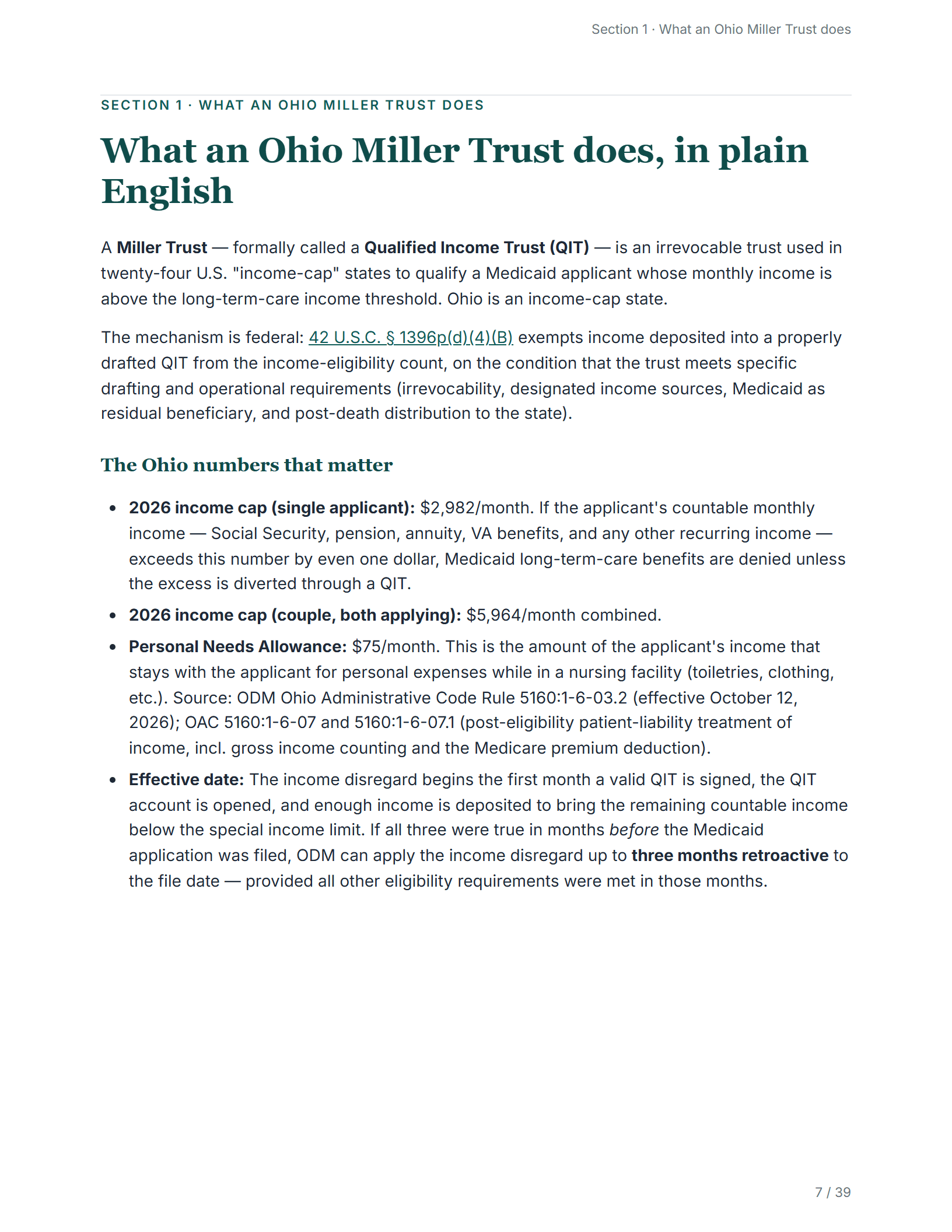 What it does, in plain English — sample page from the Ohio Miller Trust kit