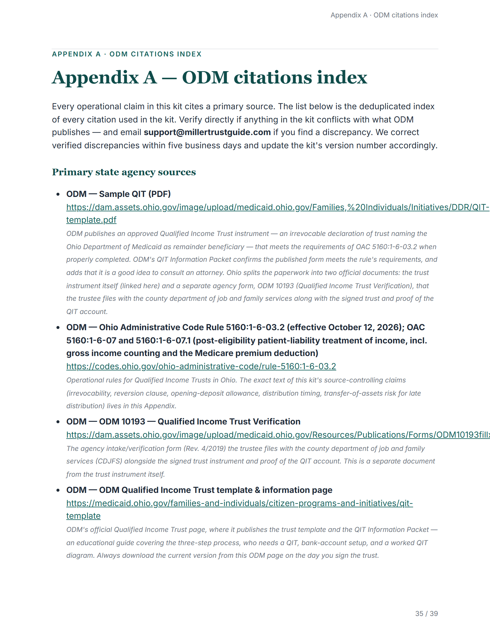 Citations index — sample page from the Ohio Miller Trust kit