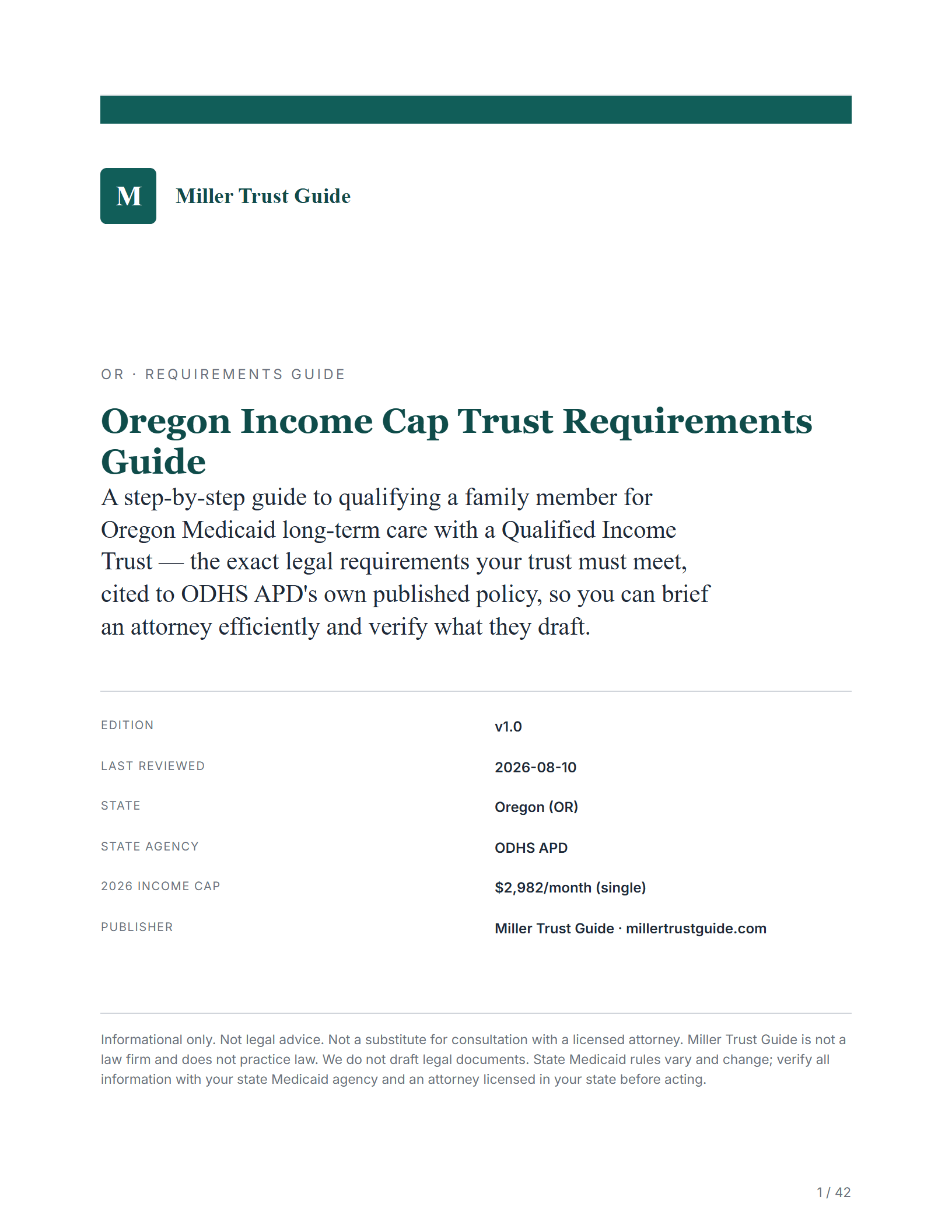 Cover & key facts — sample page from the Oregon Income Cap Trust guide