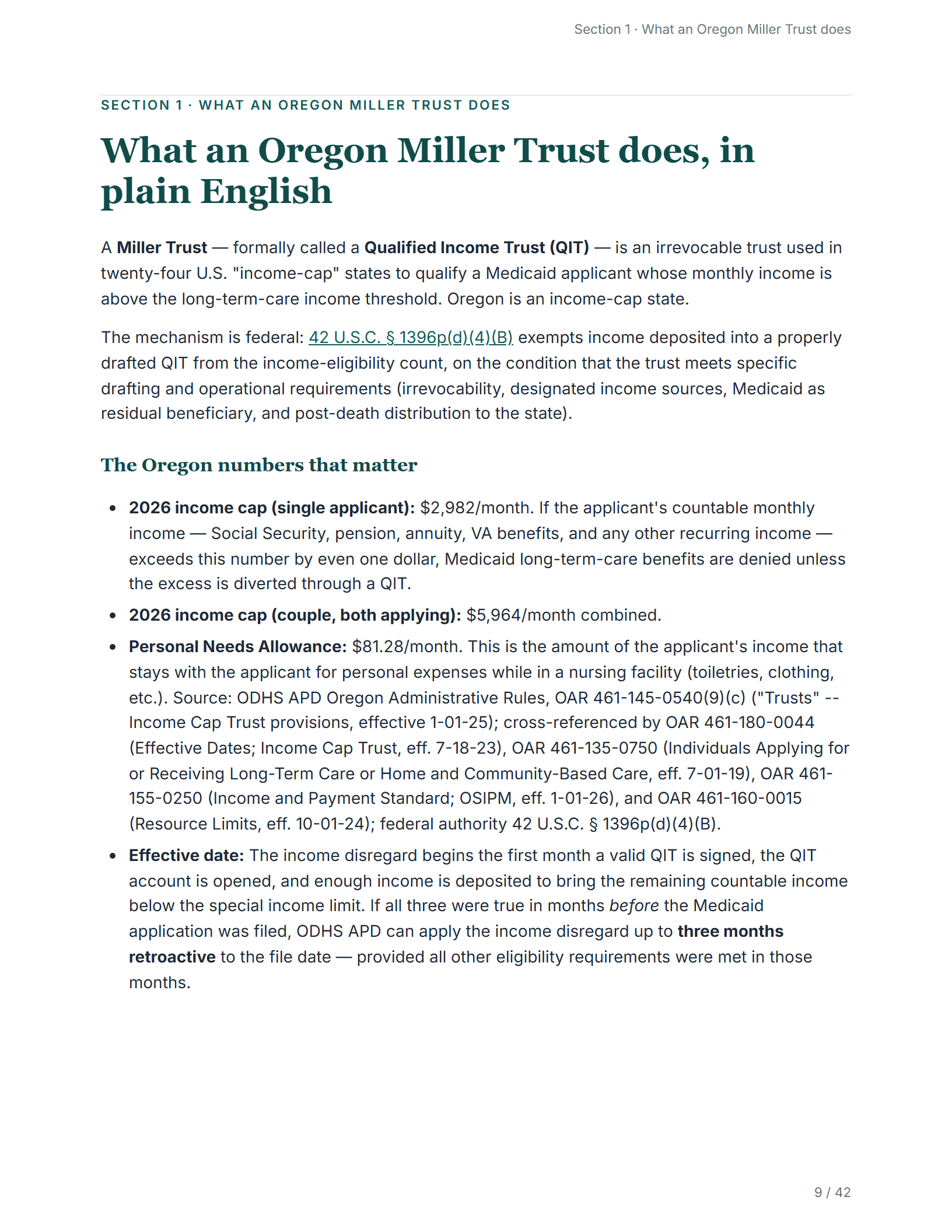 What it does, in plain English — sample page from the Oregon Income Cap Trust guide