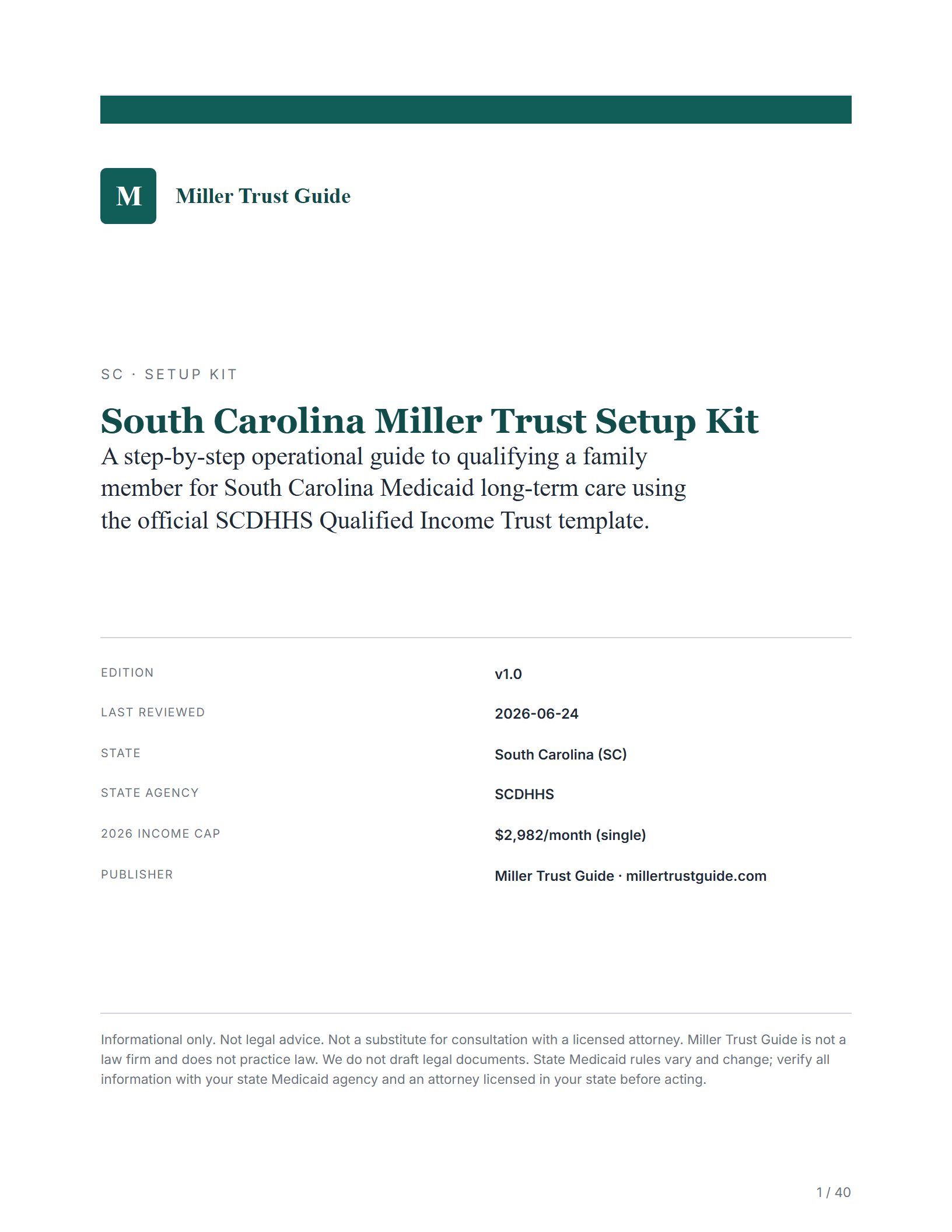 Cover & key facts — sample page from the South Carolina Income Trust kit