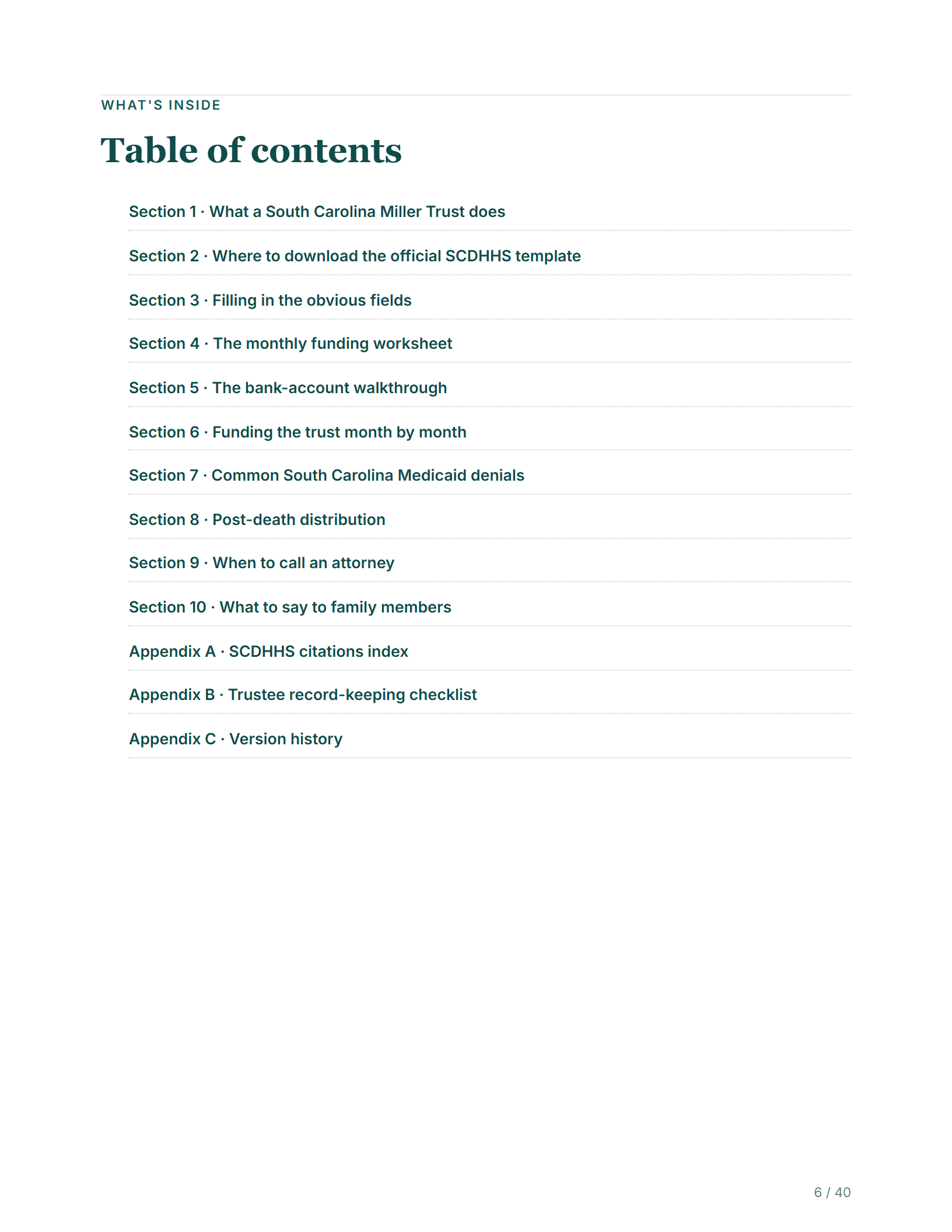 Table of contents — sample page from the South Carolina Income Trust kit