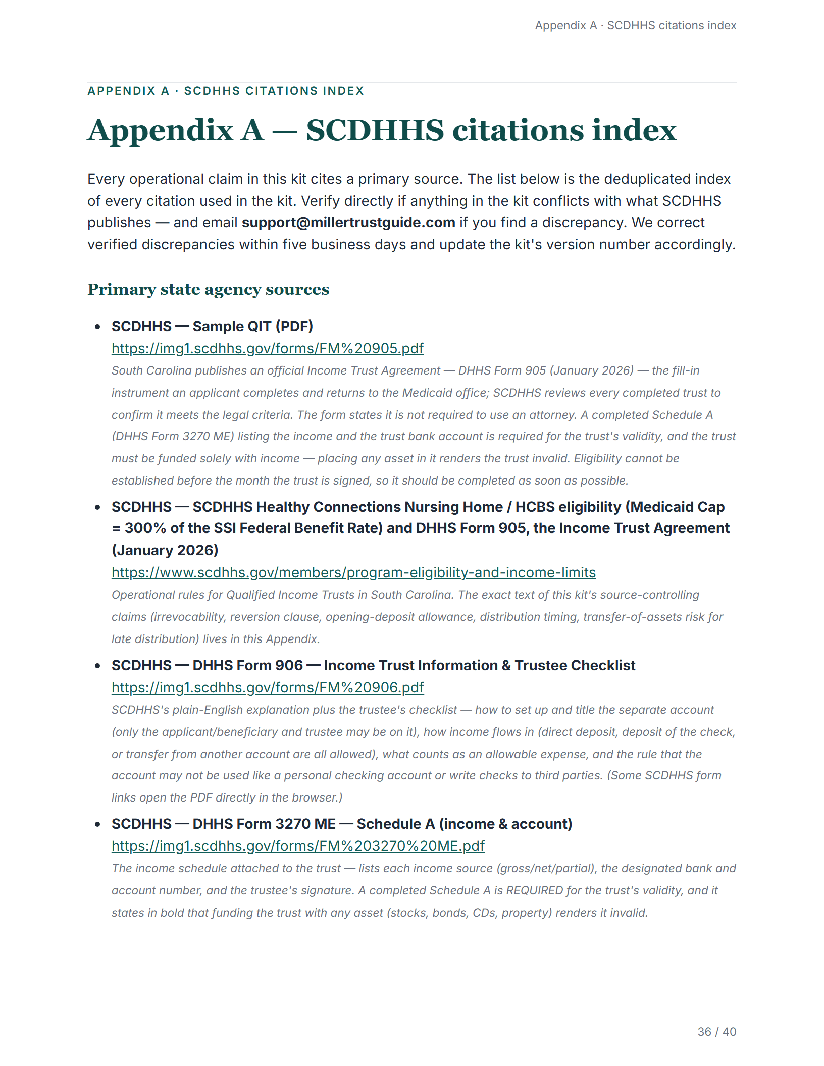 Citations index — sample page from the South Carolina Income Trust kit
