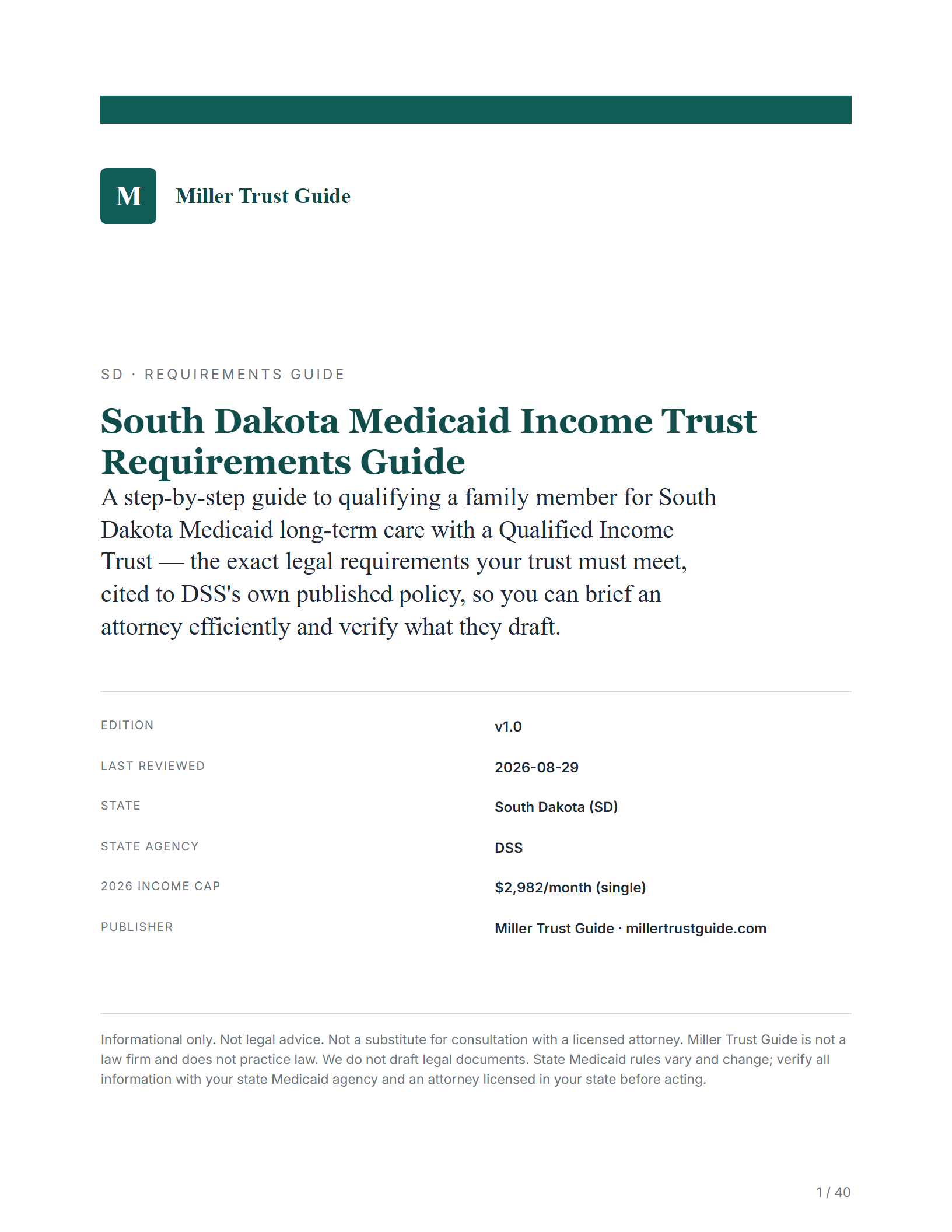 Cover & key facts — sample page from the South Dakota Medicaid Income Trust guide