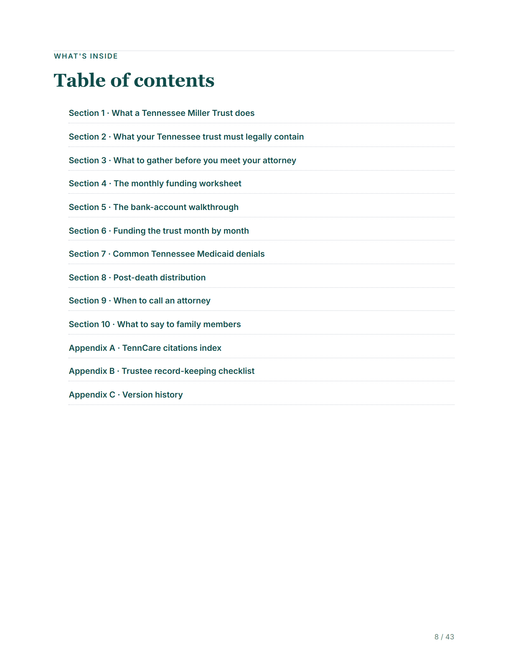 Table of contents — sample page from the Tennessee Qualified Income Trust guide