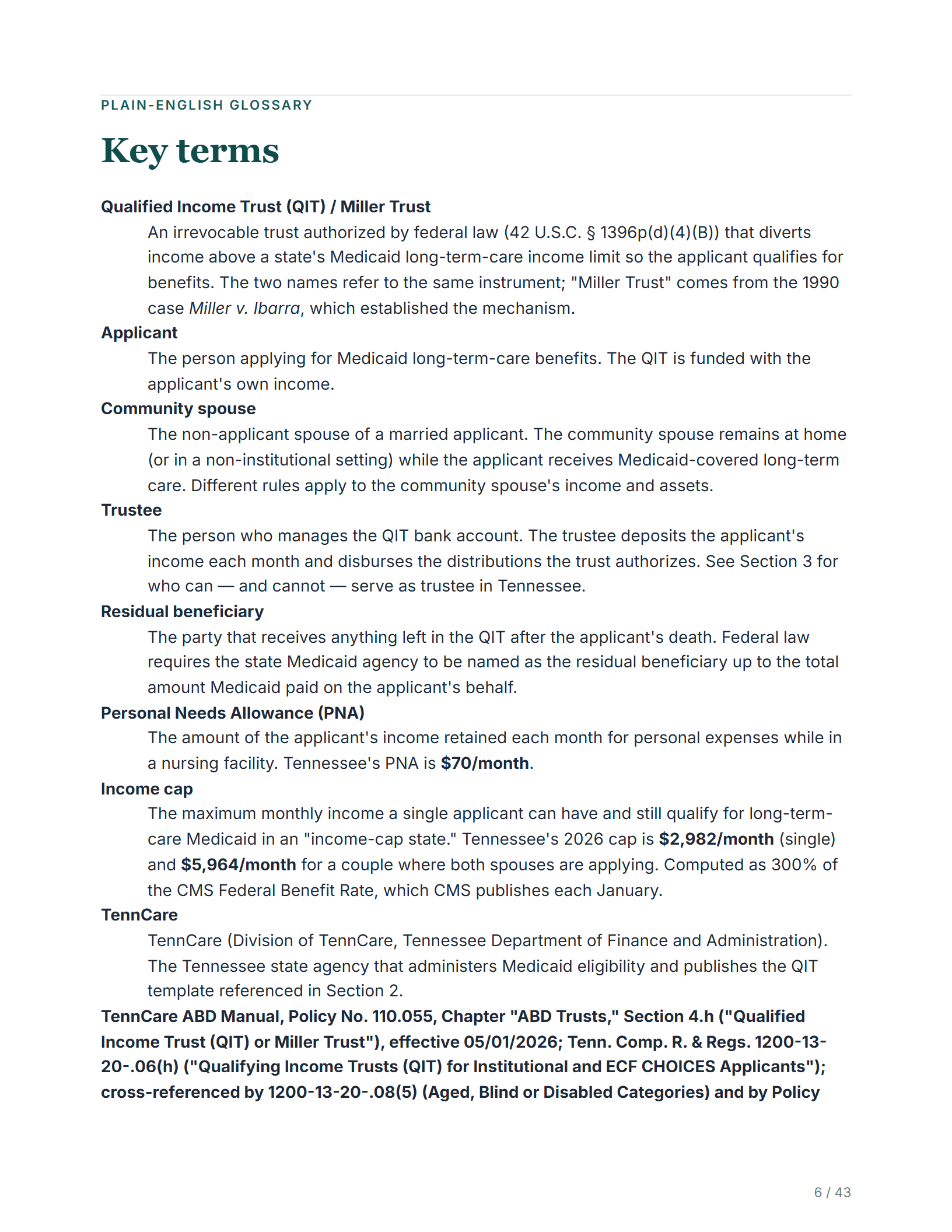 Plain-English glossary — sample page from the Tennessee Qualified Income Trust guide