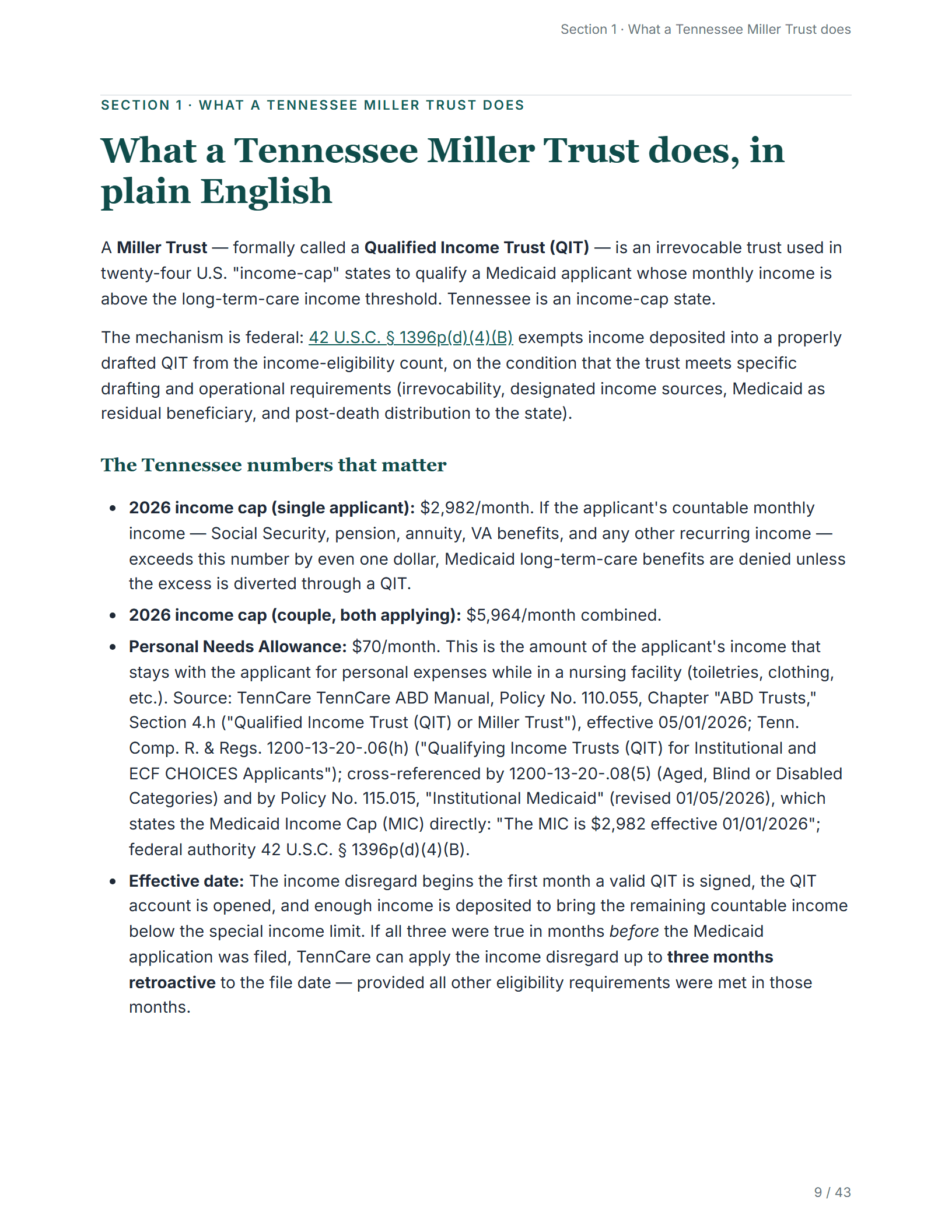 What it does, in plain English — sample page from the Tennessee Qualified Income Trust guide