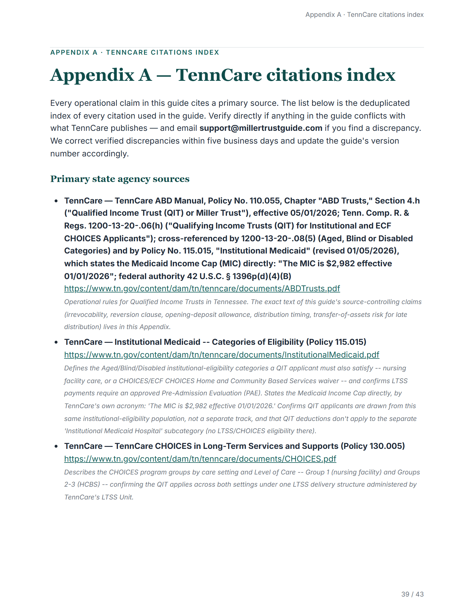 Citations index — sample page from the Tennessee Qualified Income Trust guide