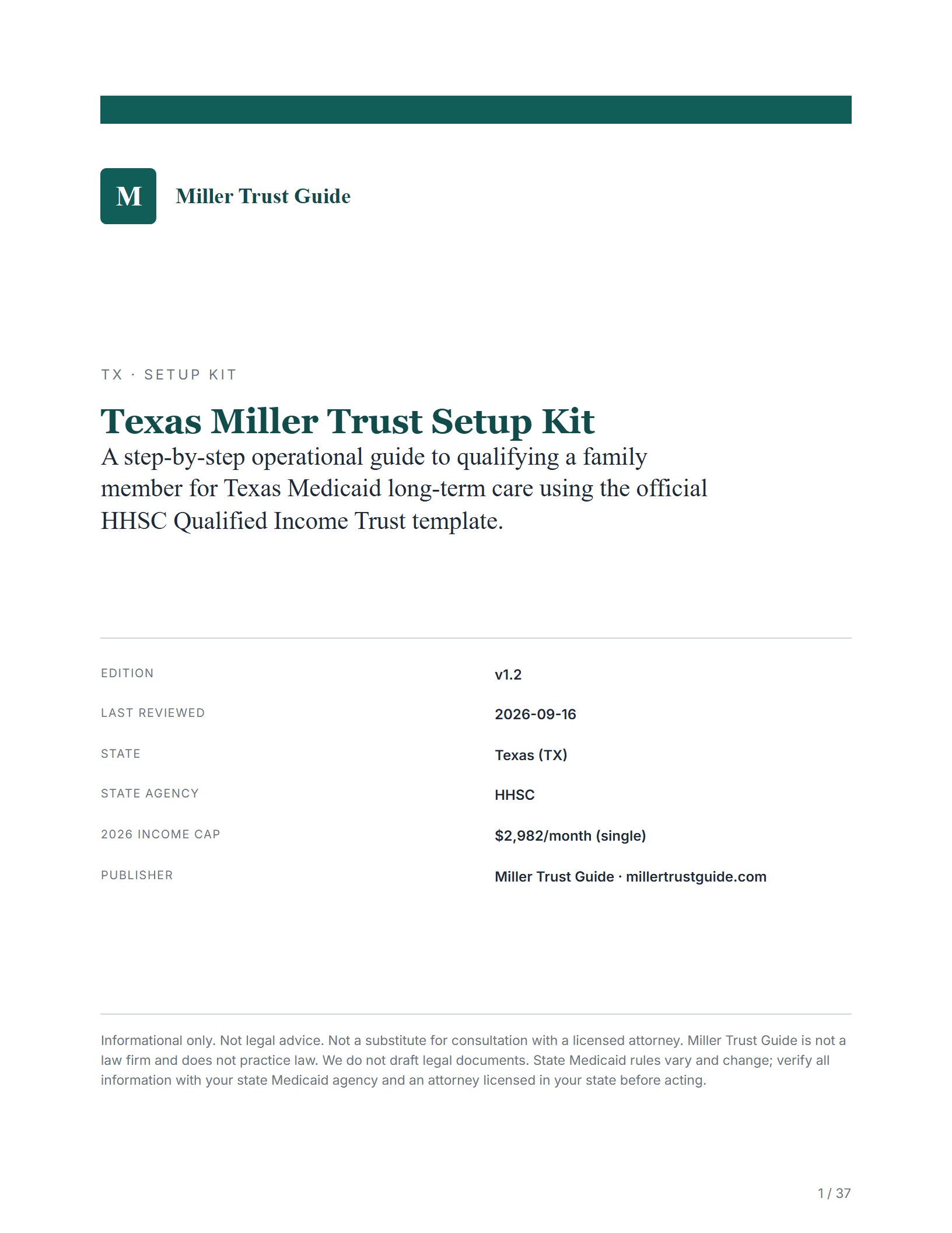 Cover and table of contents of the Texas kit PDF