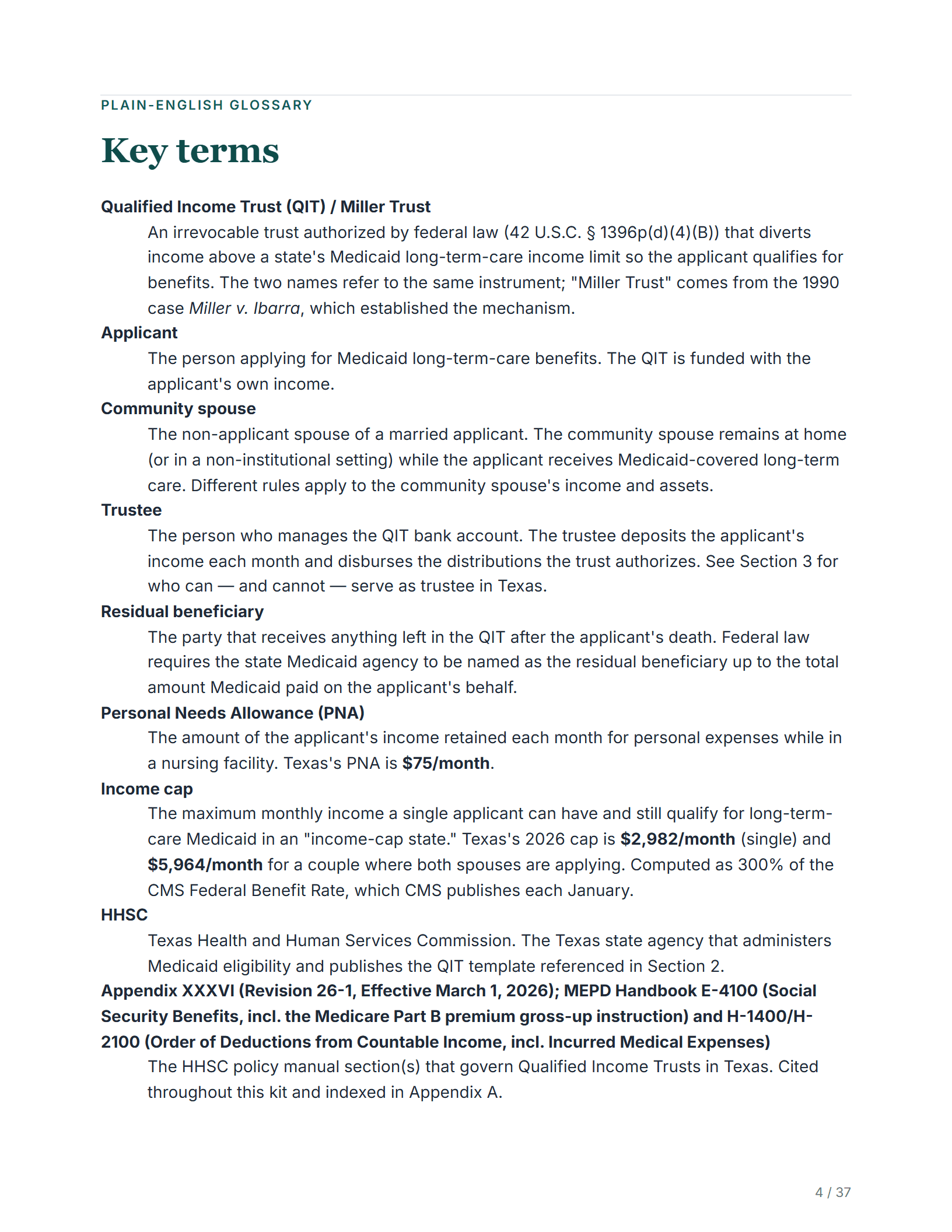 Plain-English glossary — sample page from the Texas Miller Trust kit